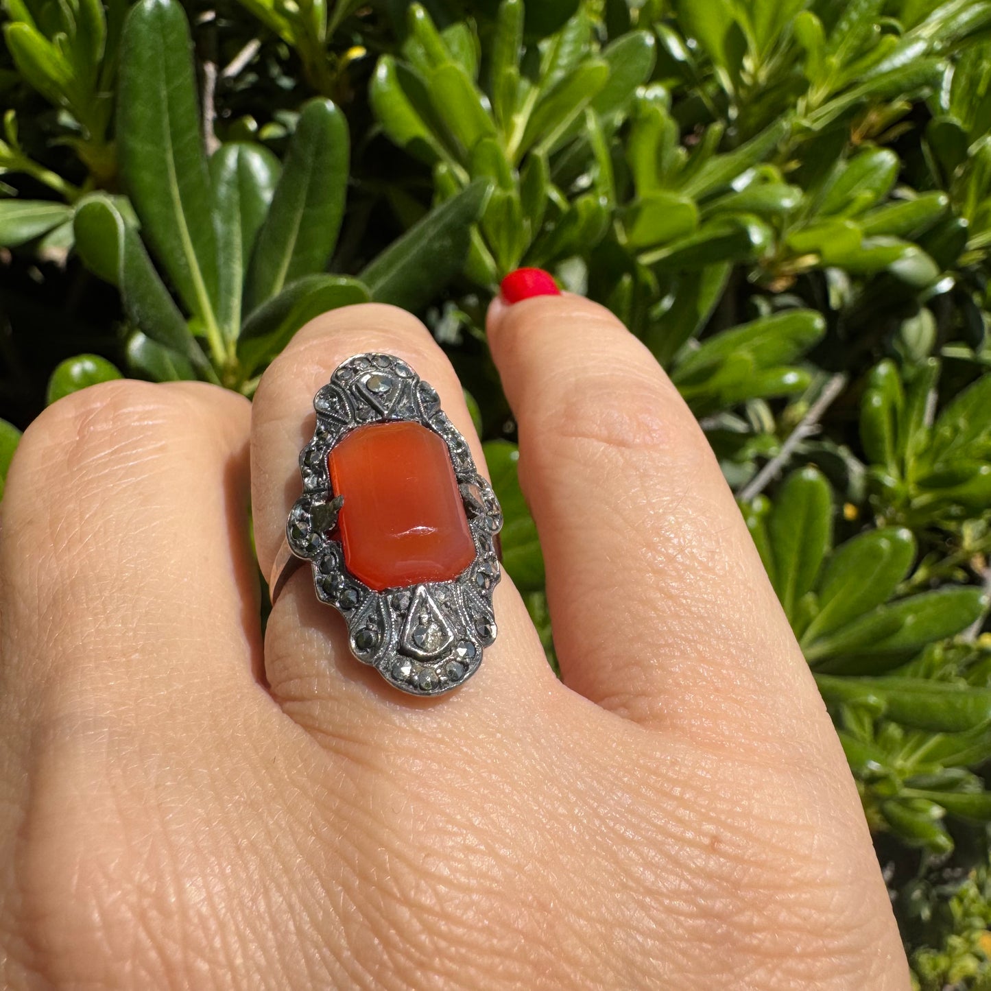 10K gold & Silver ring set with rich orange-red Carnelian & Diamonds
