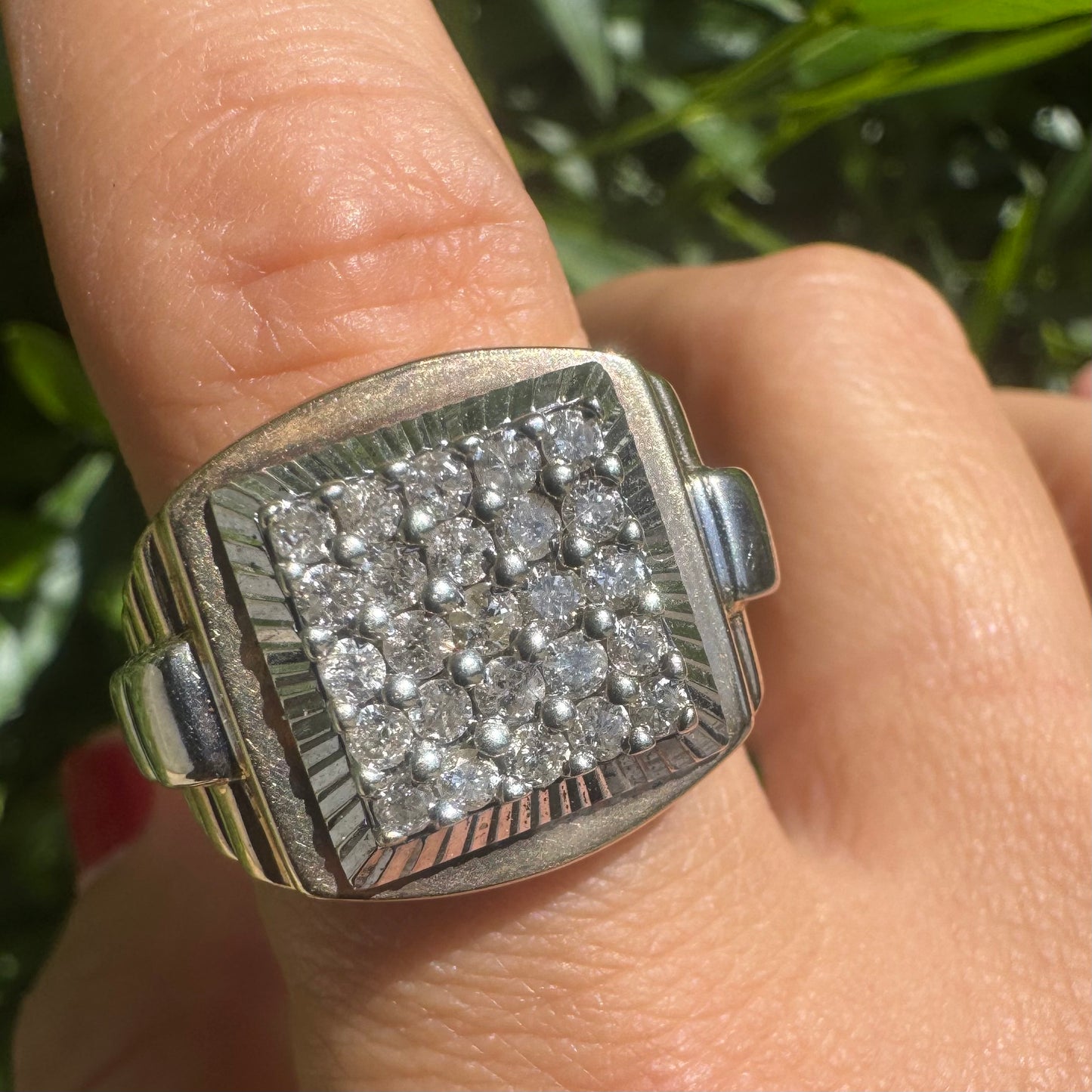 14K gold ring set with brilliant pavé diamonds in a bold square design