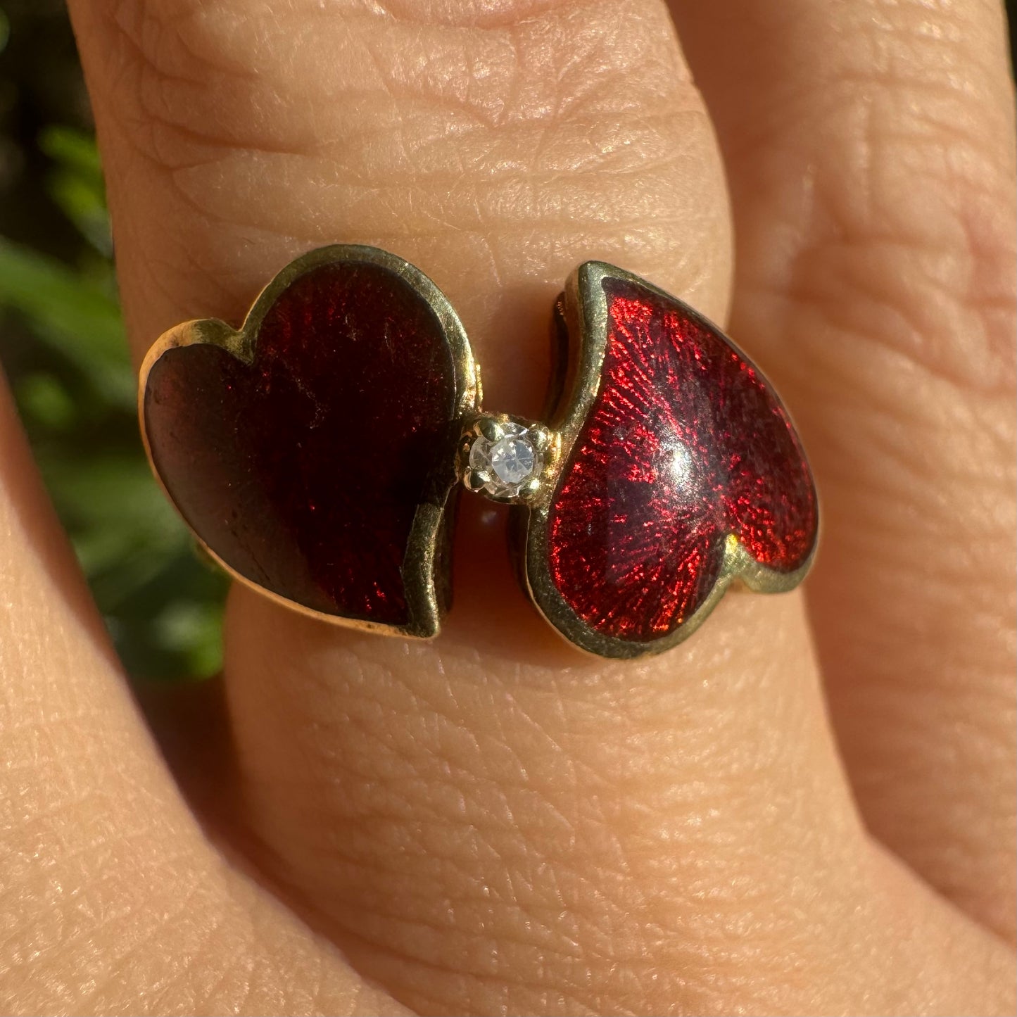 14K gold ring “Two Hearts” set with red enamel & one center Diamond