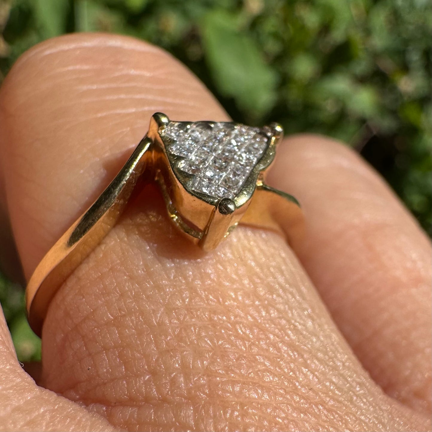 14K gold ring set with a unique triangular centerpiece, pavé-set with sparkling Diamonds