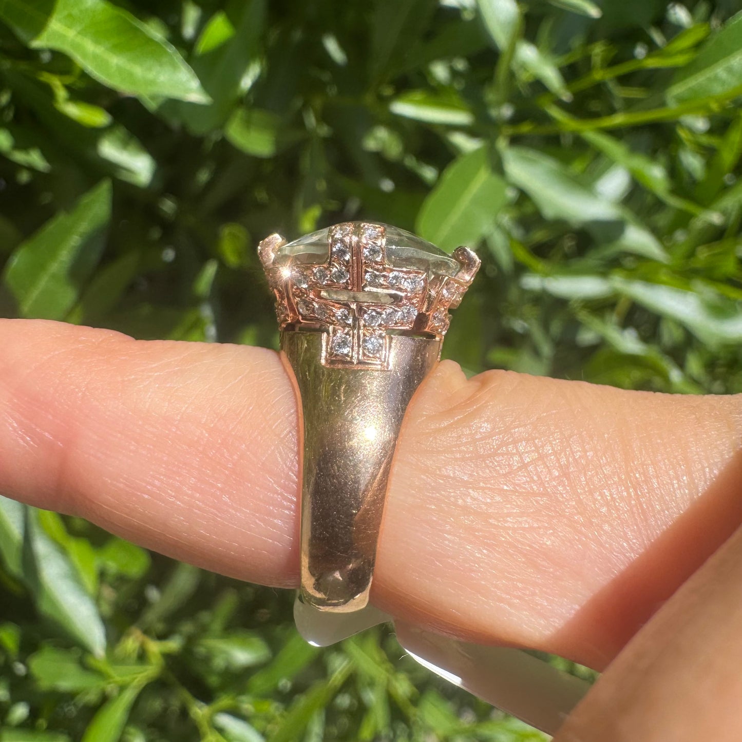 18K gold ring set with a stunning faceted Prasiolite, delicately accented with Diamonds on each prong