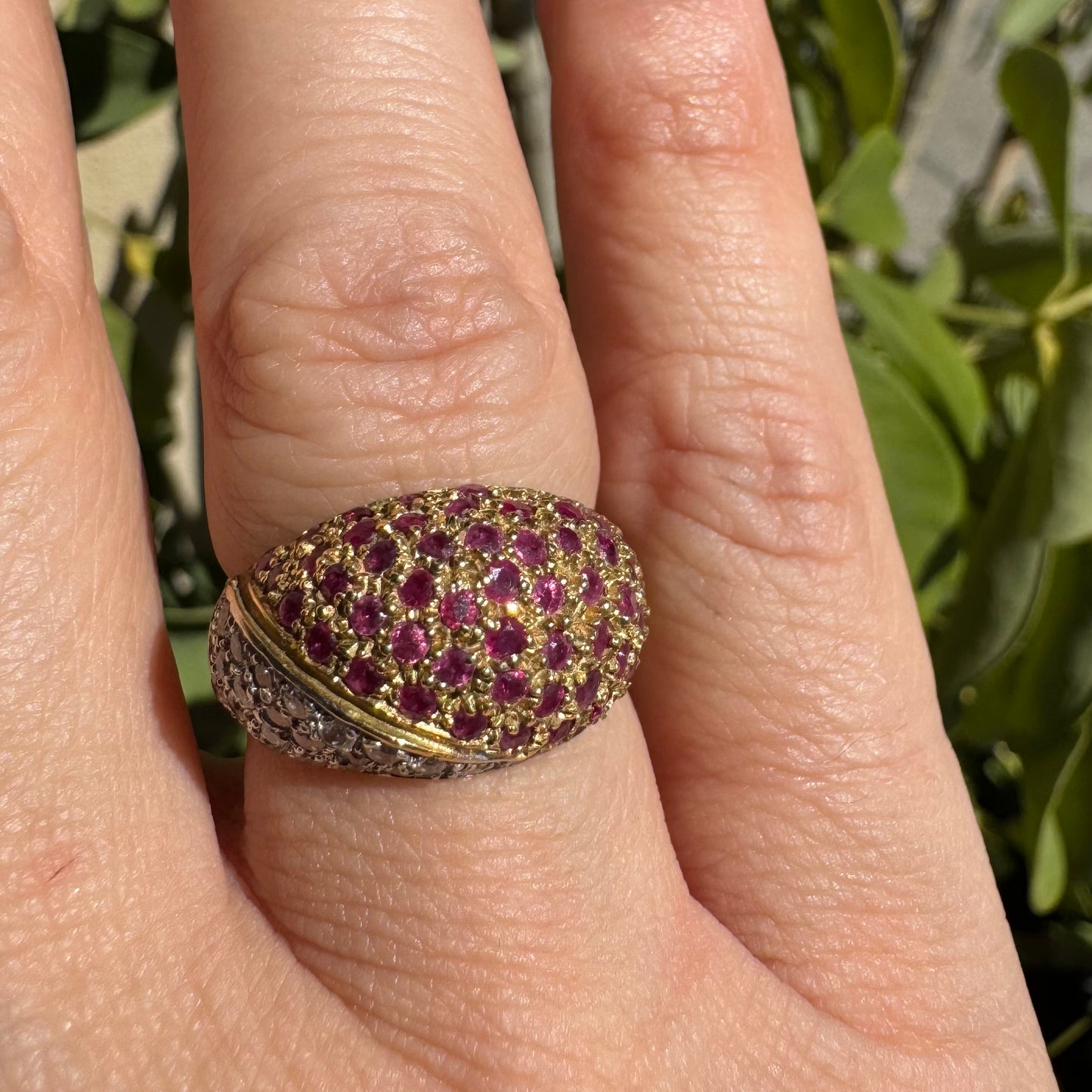 14K gold dome ring pavé-set with Diamonds and vivid Rubies in a striking two-tone design