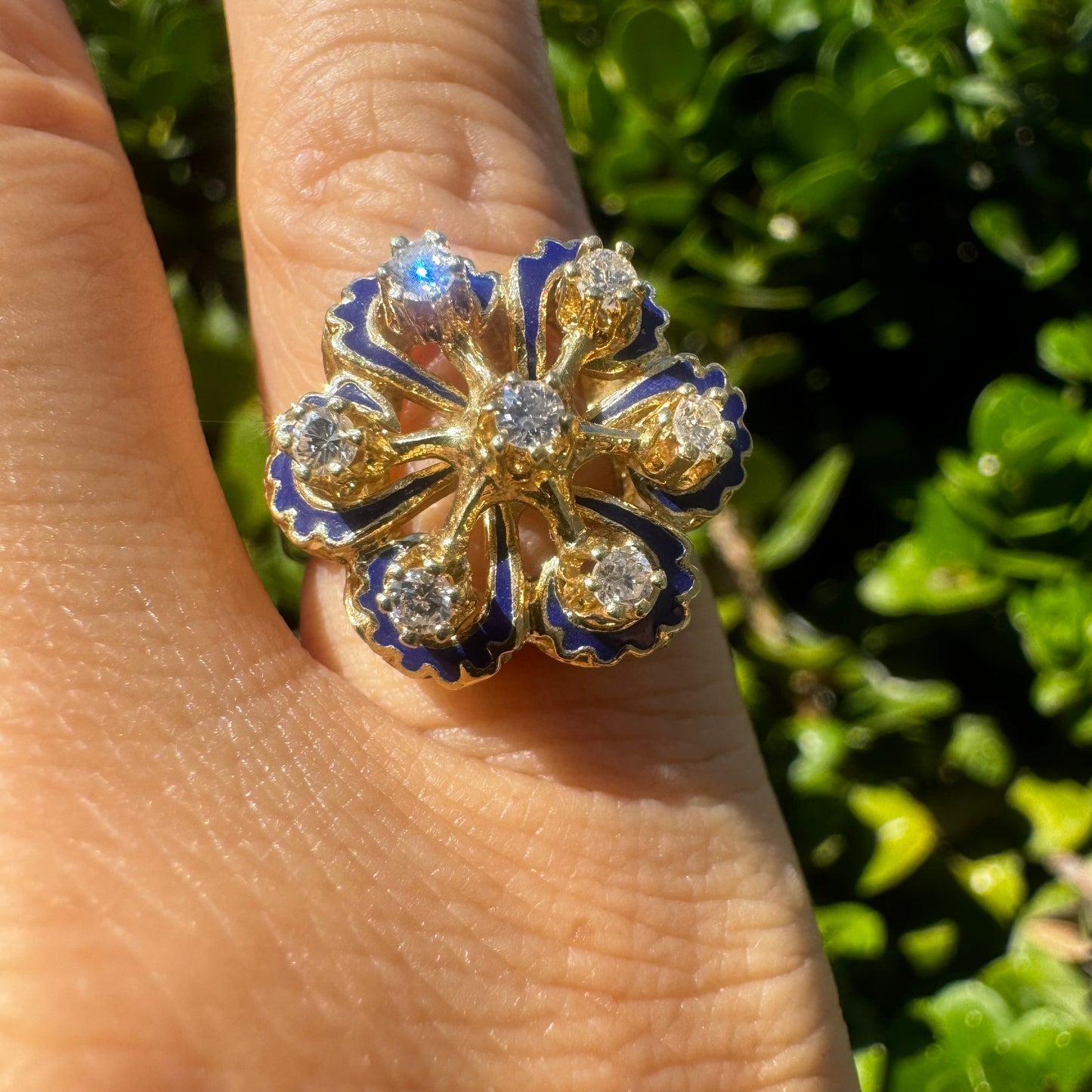 14K gold ring set with Diamonds & Blue Enamel