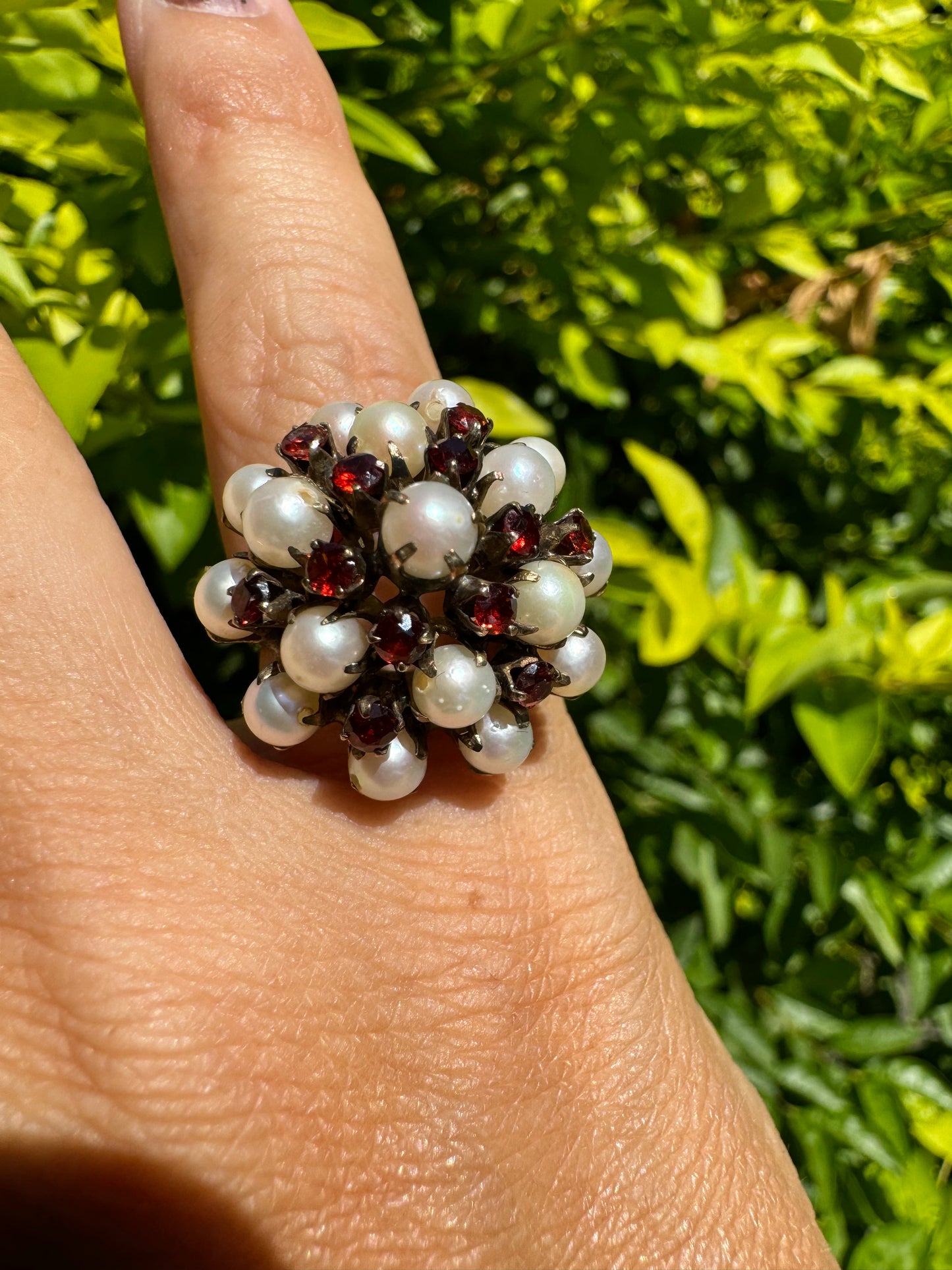 14K gold ring set with Pearls and fiery red Garnets