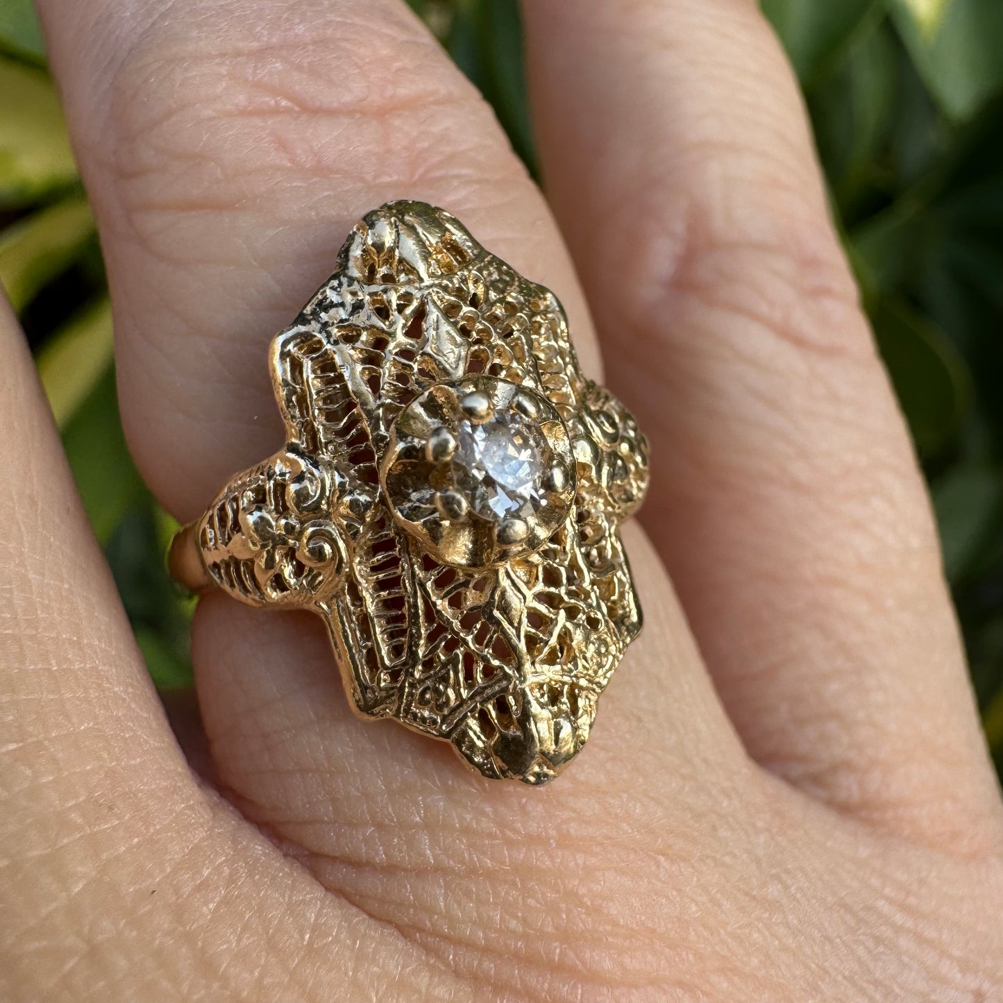 14K gold filigree ring set with an old-cut Diamond
