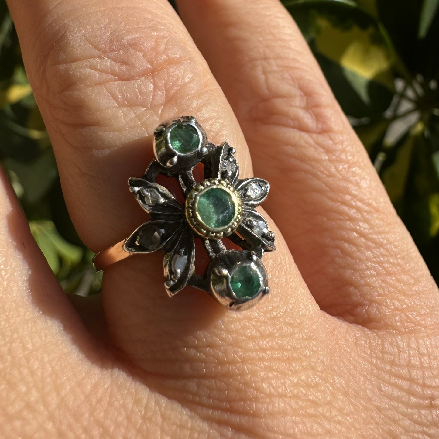 14K gold ring set with Emerald & Diamonds