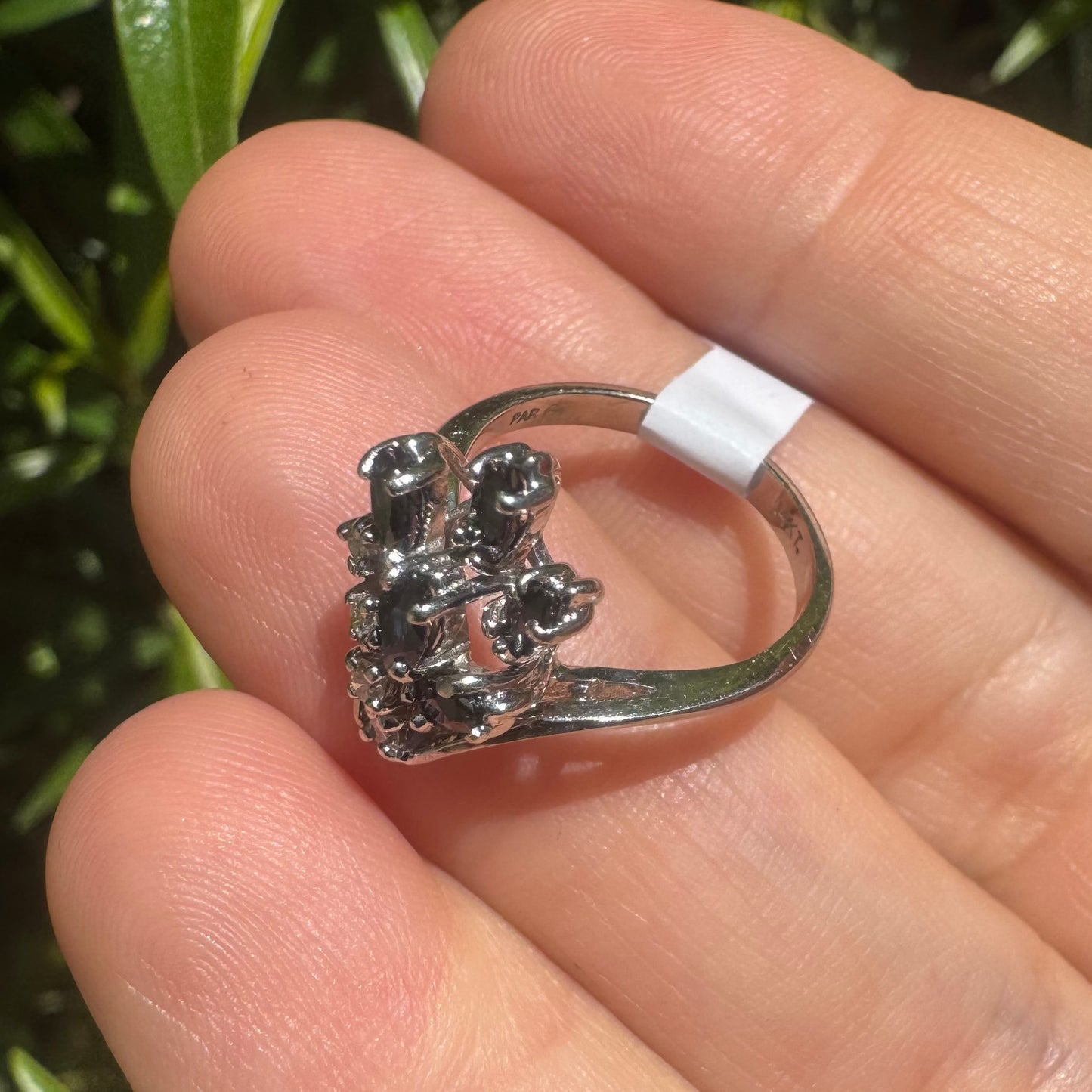 14K gold ring set with marquise-cut deep blue sapphires & Diamonds