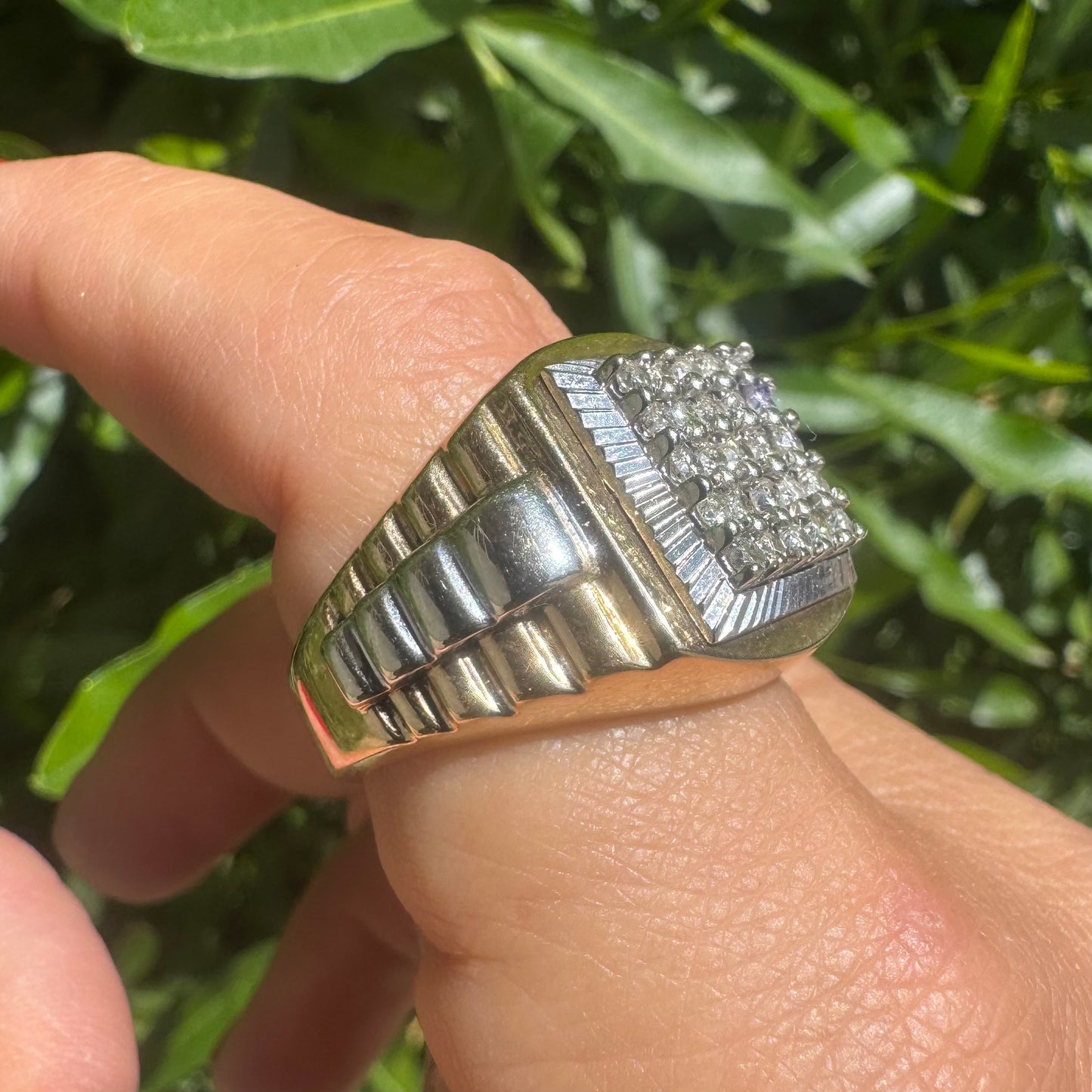 14K gold ring set with brilliant pavé diamonds in a bold square design