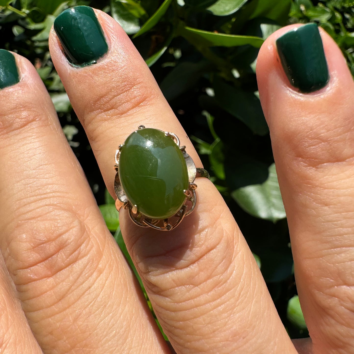 14K gold ring set with green Jade
