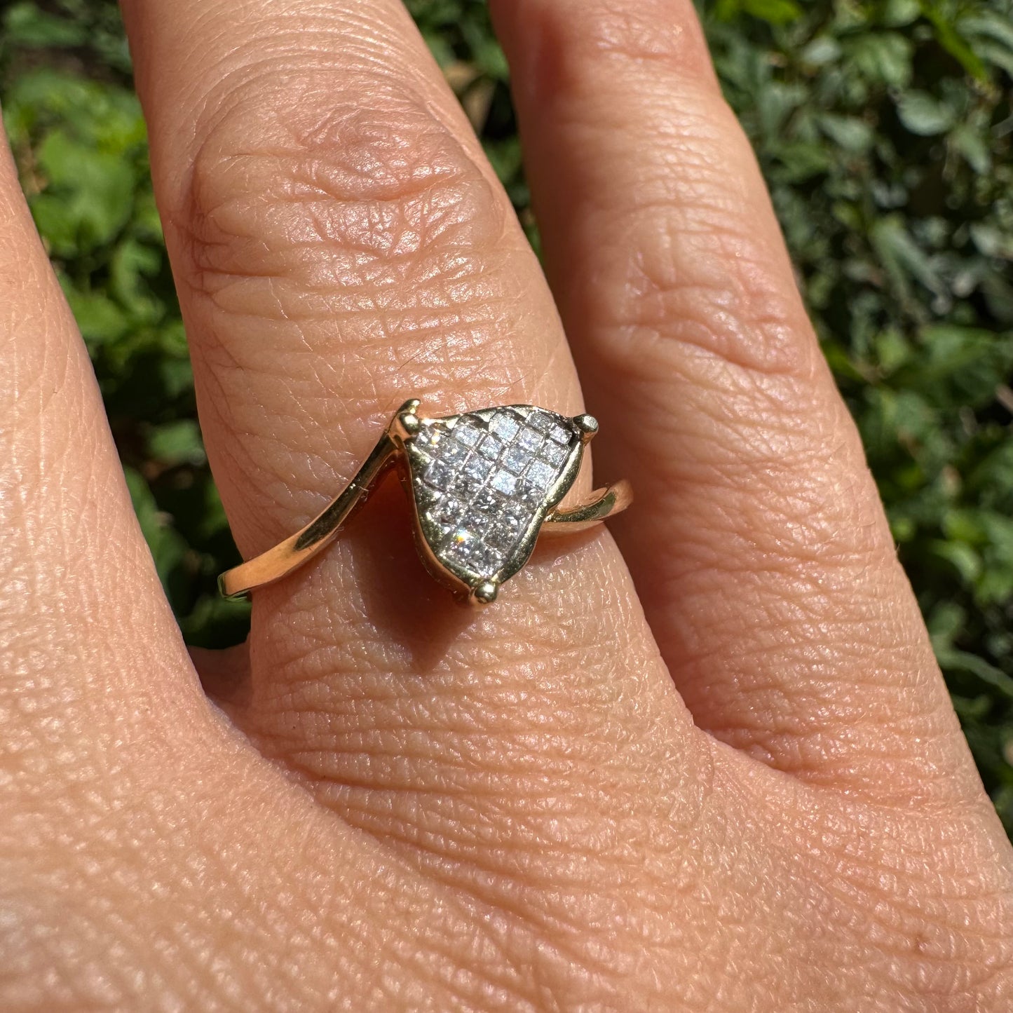 14K gold ring set with a unique triangular centerpiece, pavé-set with sparkling Diamonds