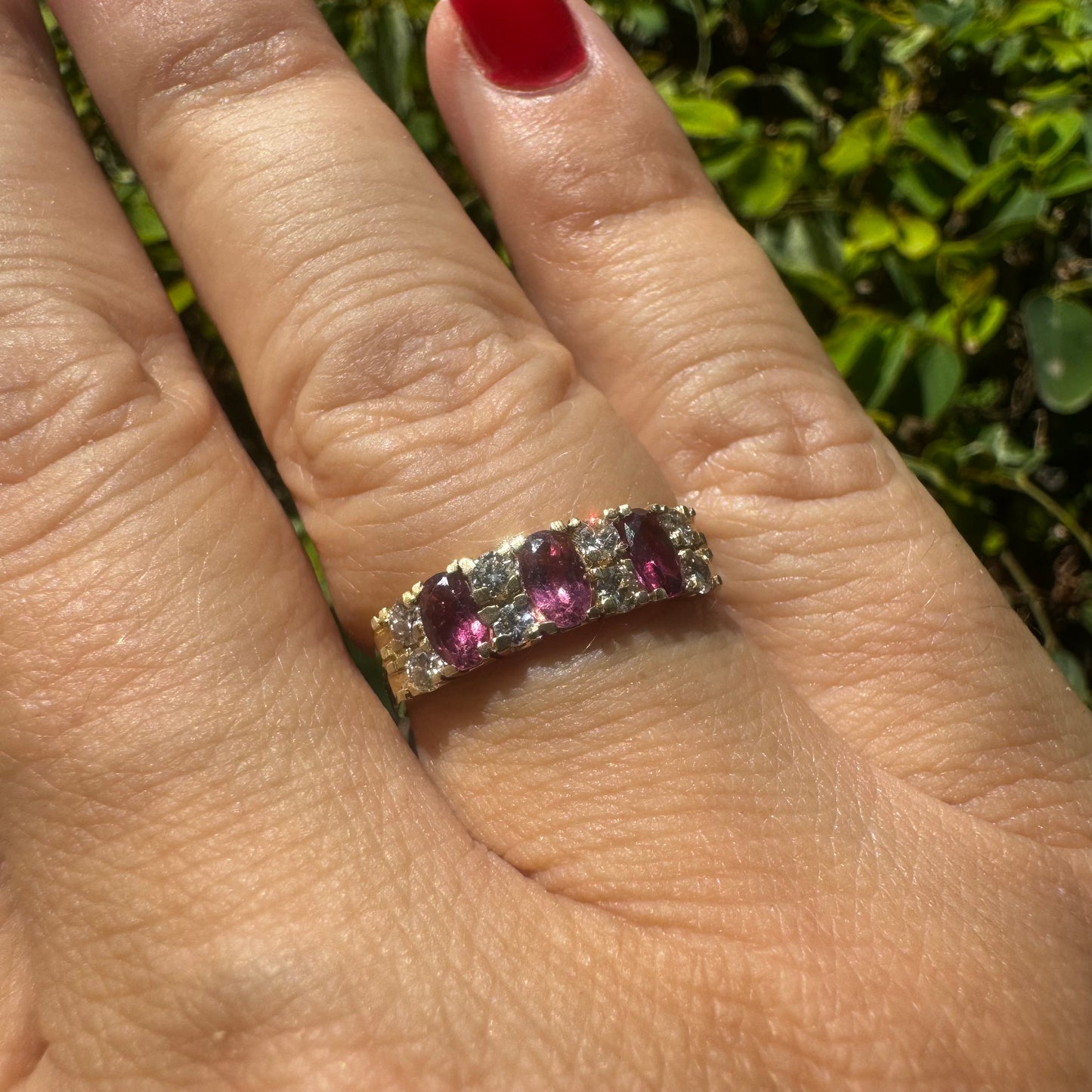 14K gold ring set with oval Pink Tourmalines and round brilliant-cut Diamonds