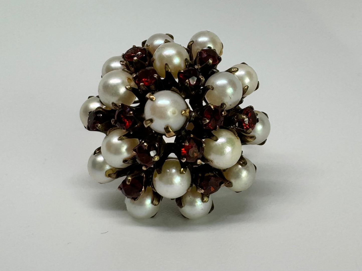 14K gold ring set with Pearls and fiery red Garnets