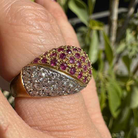14K gold dome ring pavé-set with Diamonds and vivid Rubies in a striking two-tone design