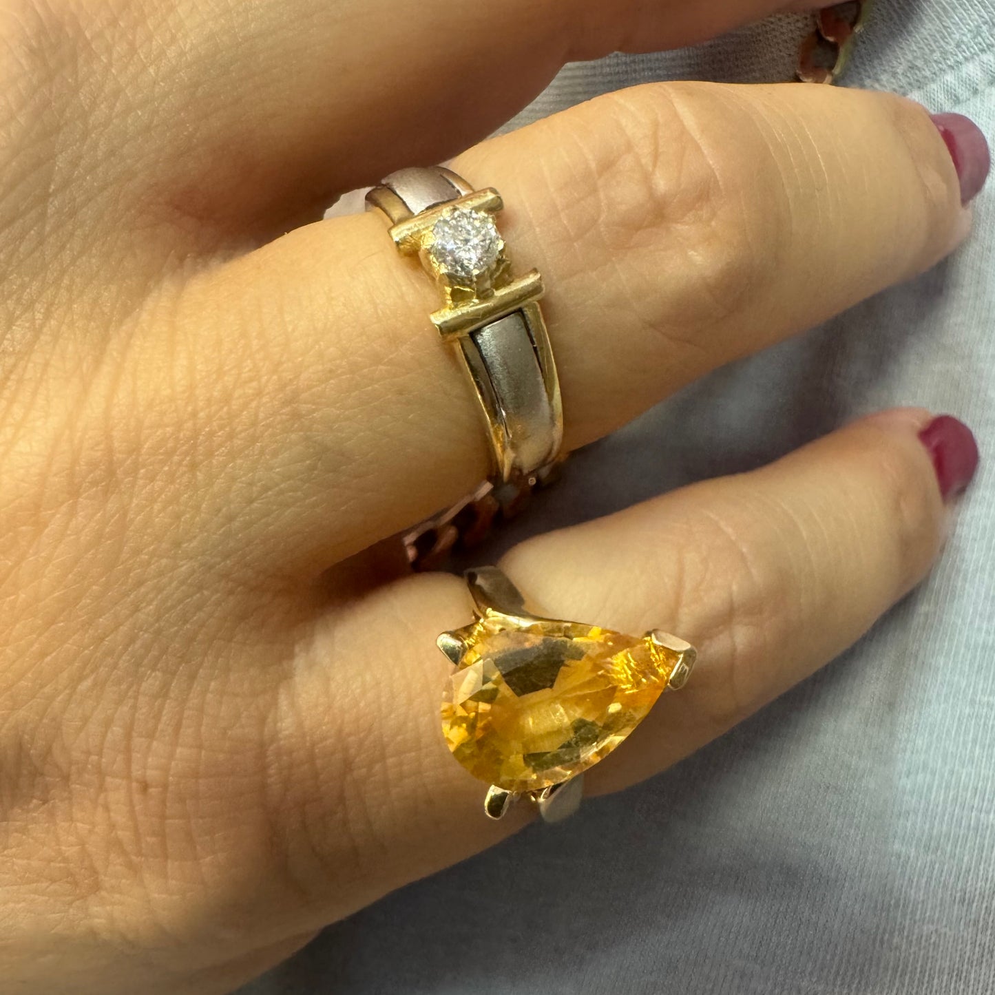 14K gold ring set with a large pear-shaped Citrine