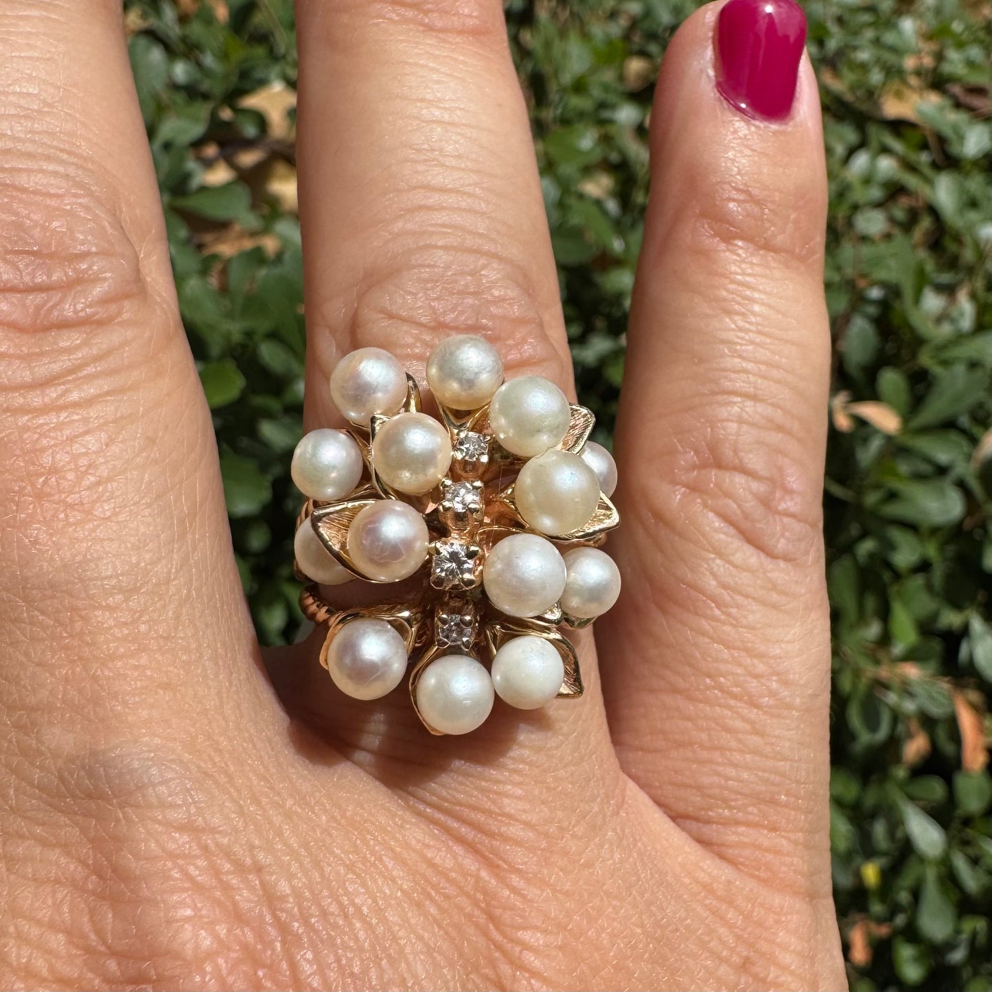 14K gold cocktail ring set with Pearls and Diamonds