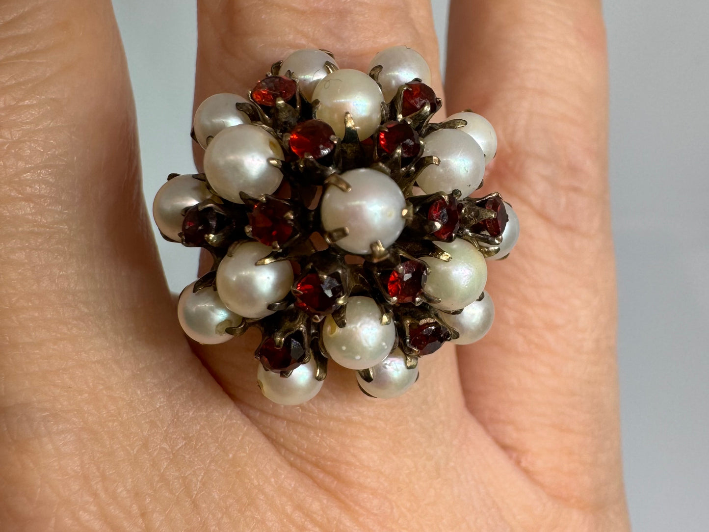 14K gold ring set with Pearls and fiery red Garnets