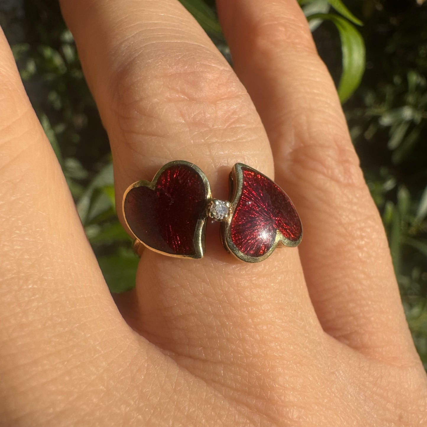 14K gold ring “Two Hearts” set with red enamel & one center Diamond