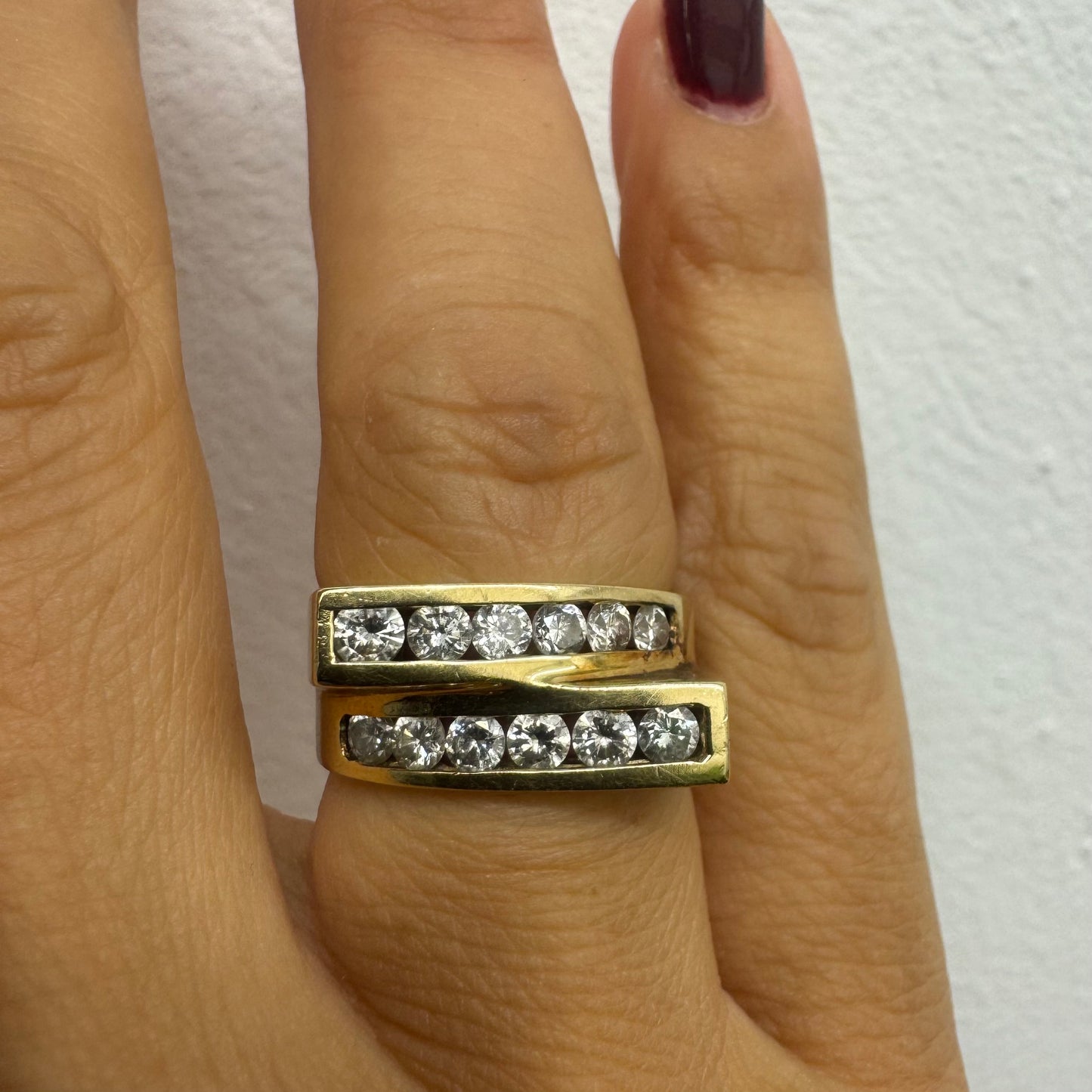 14K gold ring set with two parallel Diamond-set rows