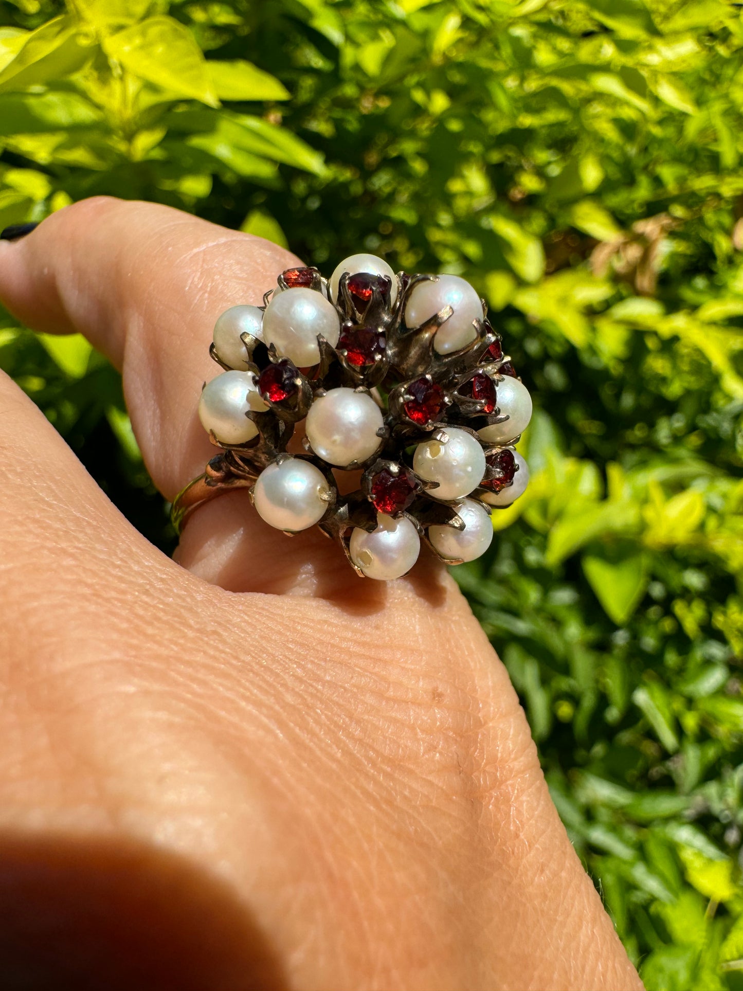 14K gold ring set with Pearls and fiery red Garnets