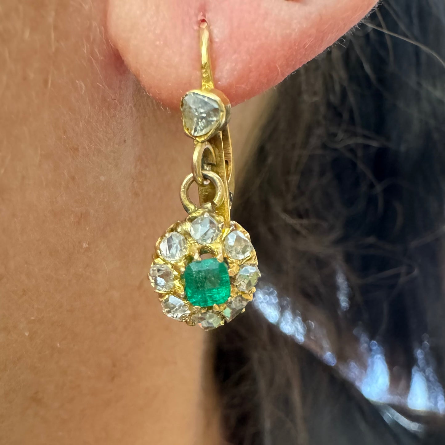 10K gold earrings set with Emerald & Diamonds