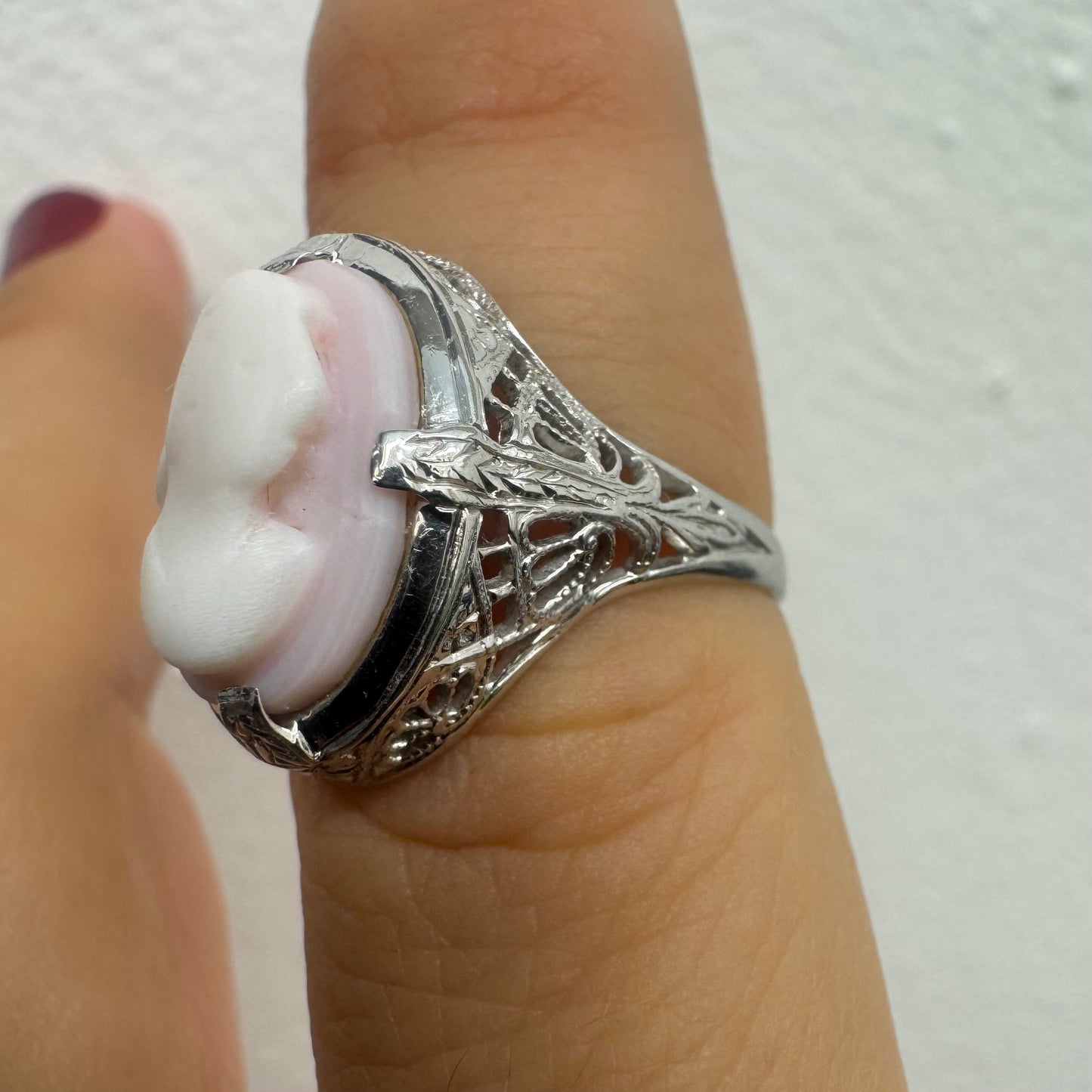 Platinum Cameo Ring set with a soft pink and white portrait