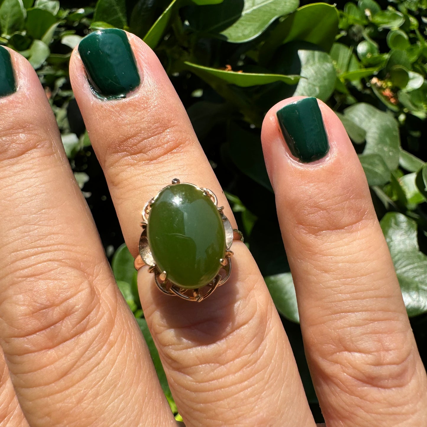 14K gold ring set with green Jade