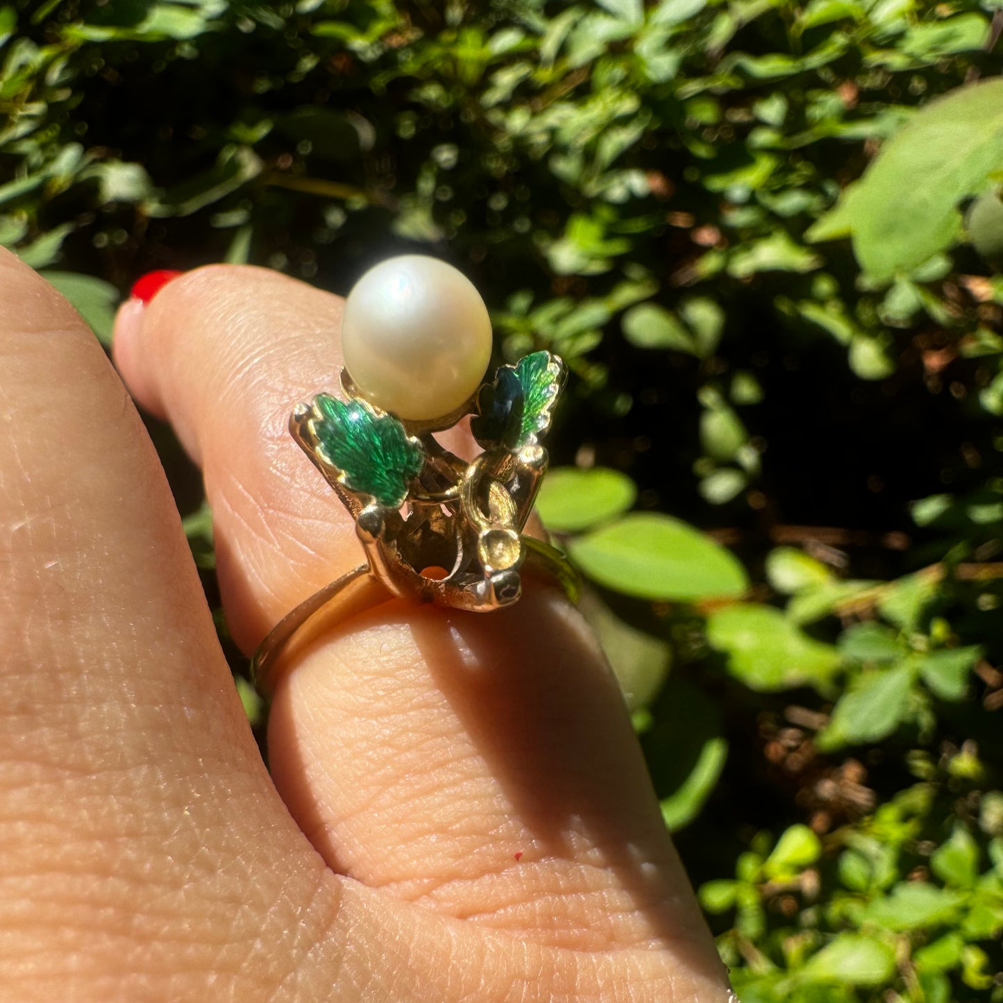 14K gold ring set with Pearl & Green Enamel