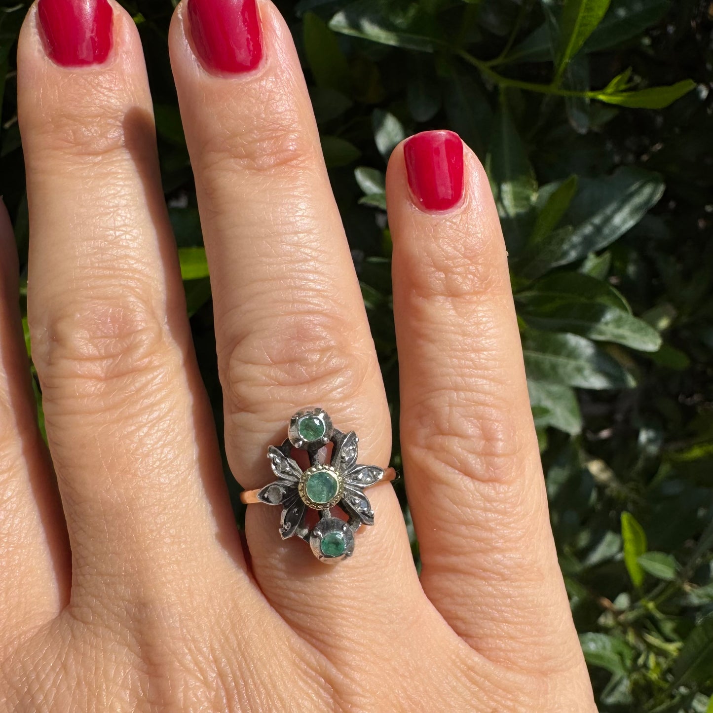 14K gold ring set with Emerald & Diamonds