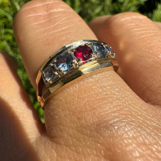 10K gold ring set with three stones-Ruby, Blue Topaz & Sapphire