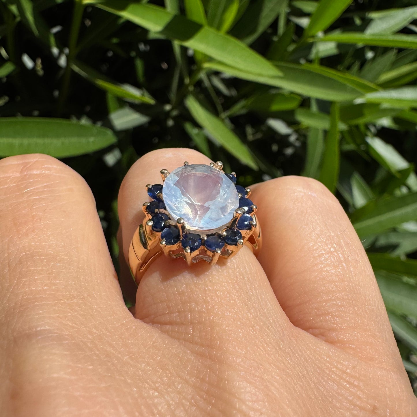 10K gold ring set with Light pink gemstone & Sapphire