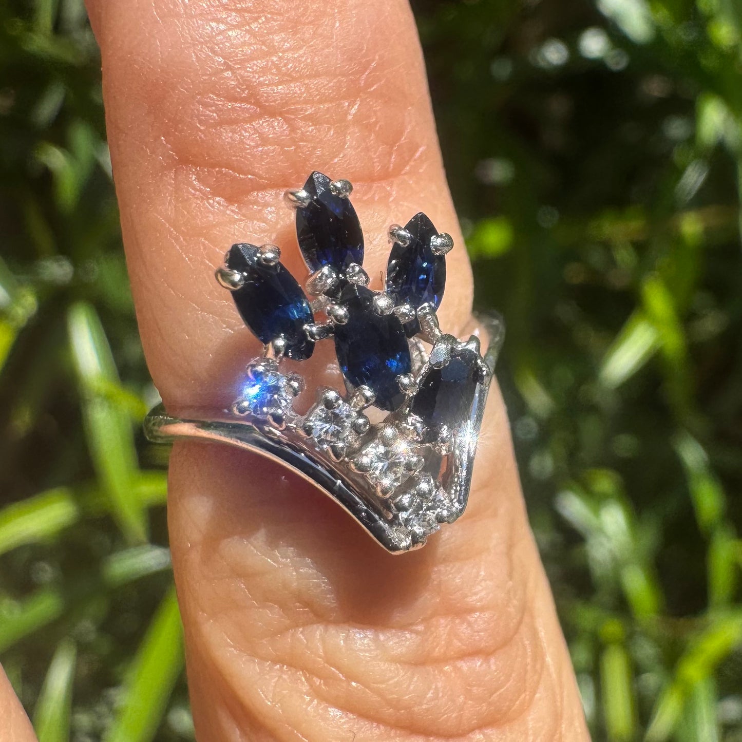 14K gold ring set with marquise-cut deep blue sapphires & Diamonds