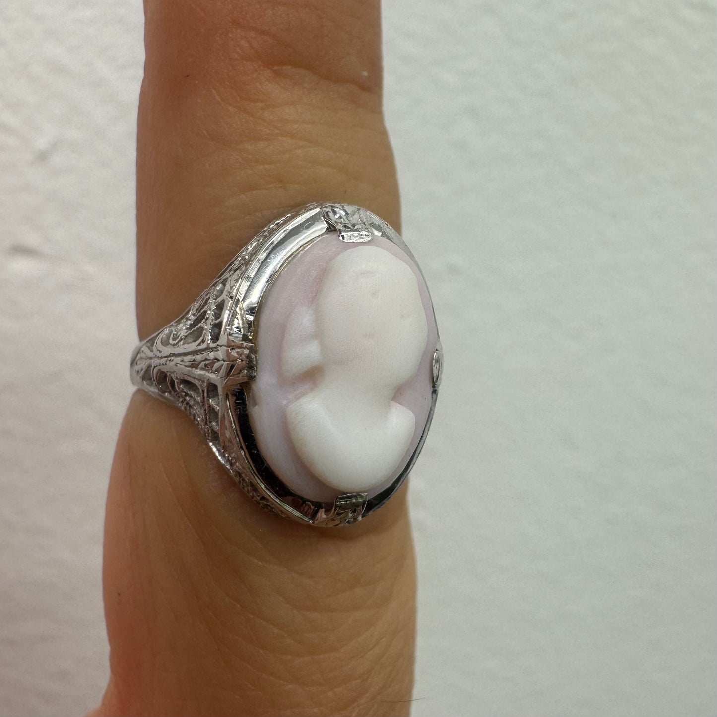 Platinum Cameo Ring set with a soft pink and white portrait