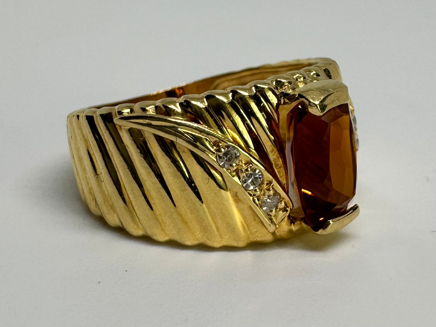 14K gold ring set with Citrine & Diamonds with a textured gold band