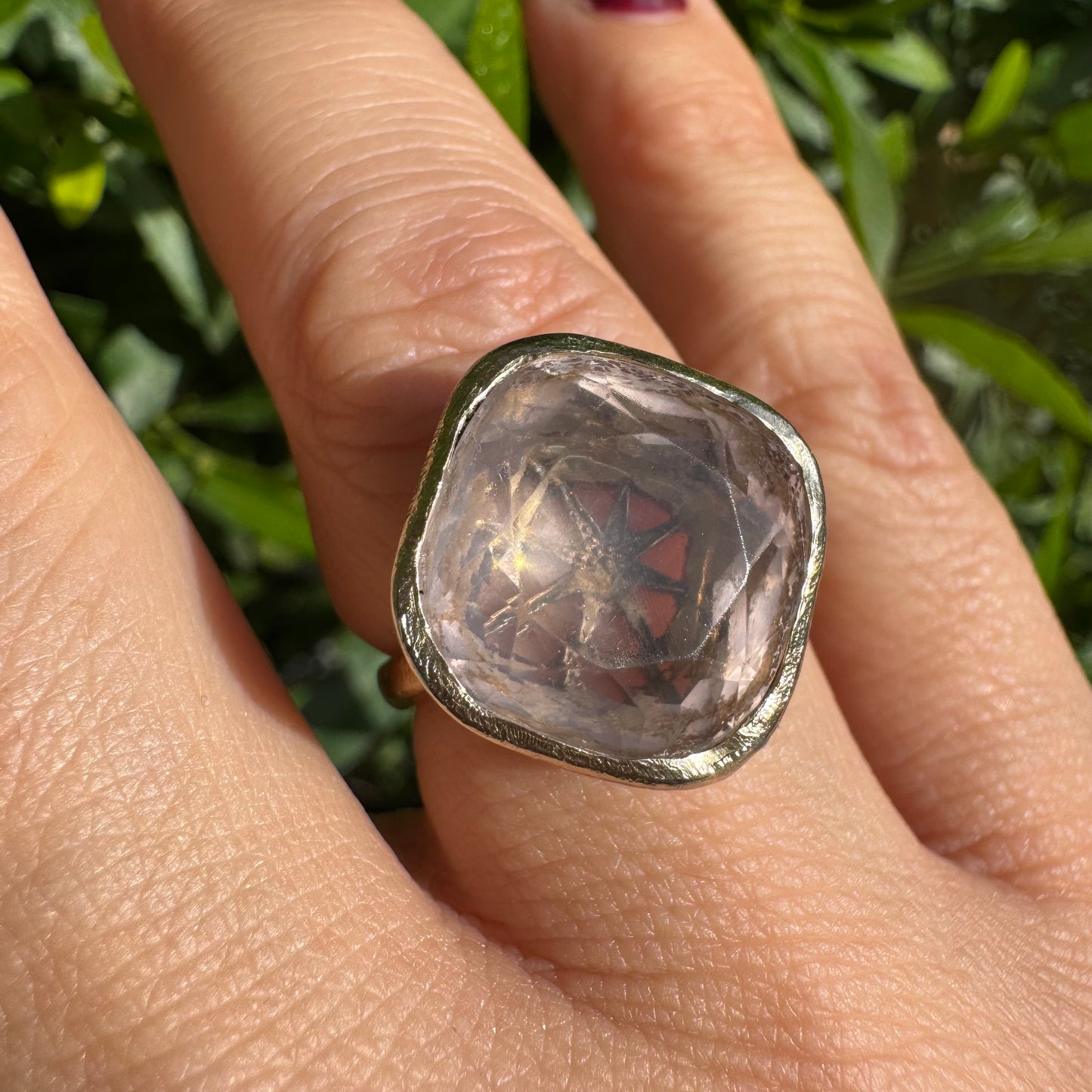 18K gold H.Stern ring set with a translucent Rose Quartz in a flat, cushion-style cut