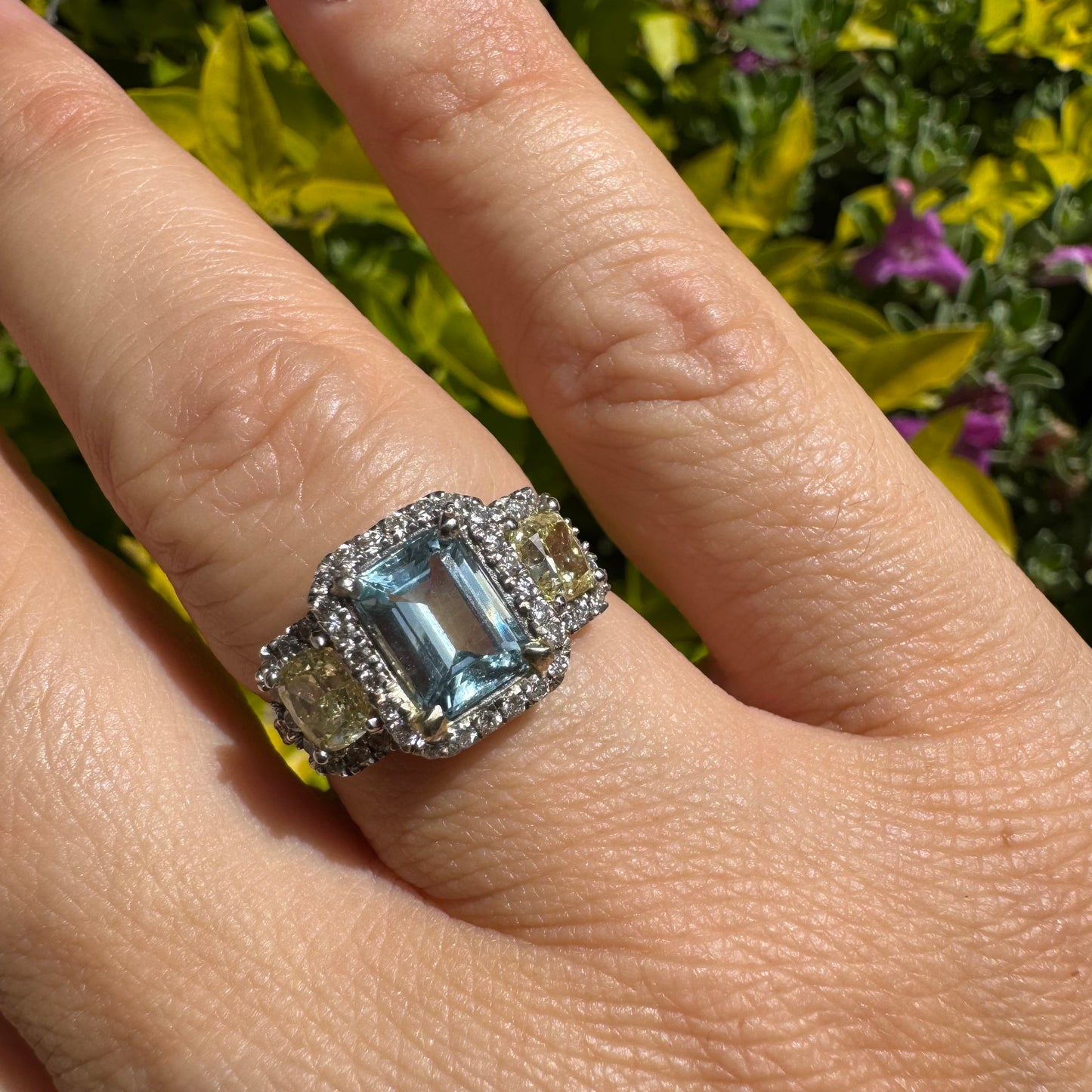 14K Gold Ring Set with Aquamarine & Yellow Diamonds & Diamonds