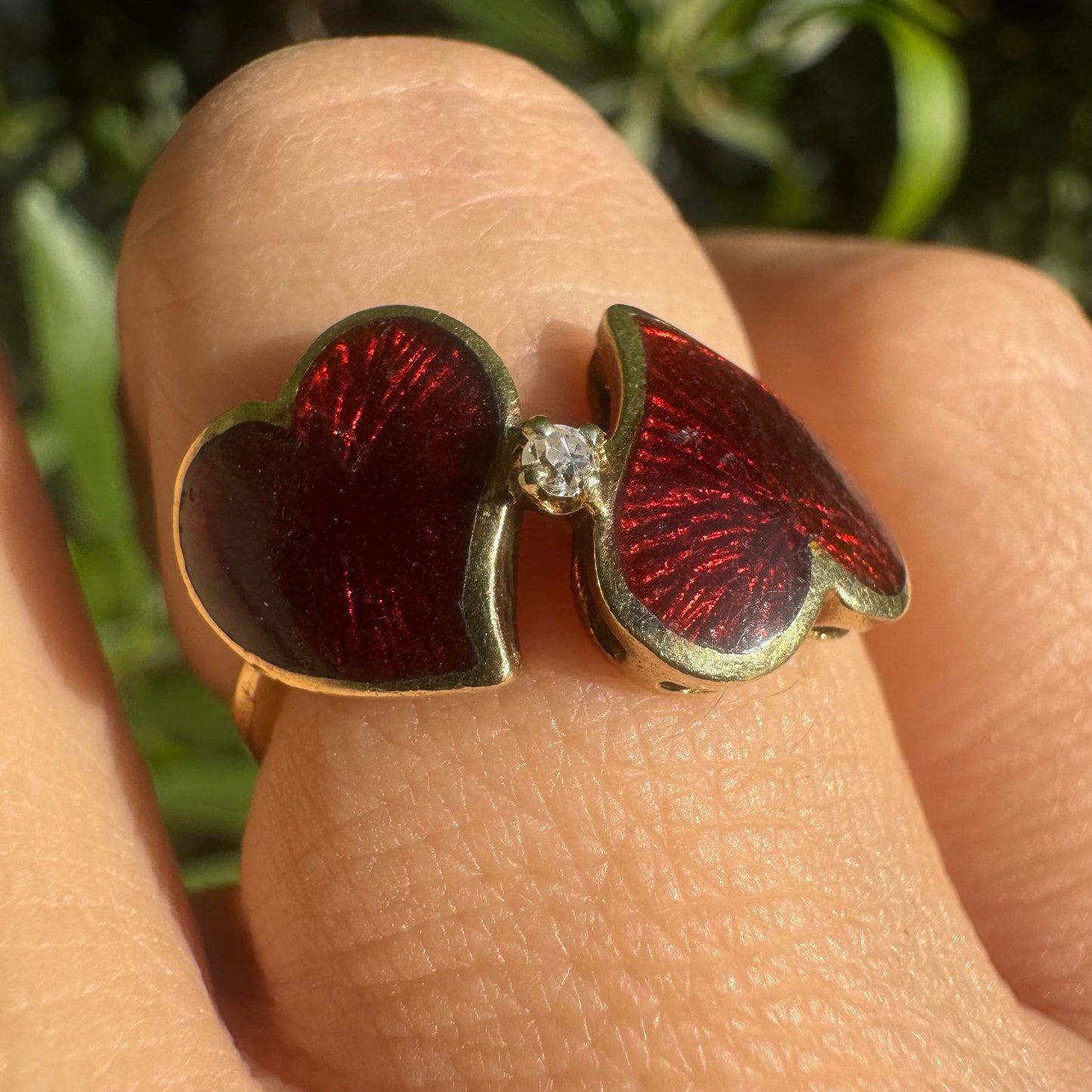 14K gold ring “Two Hearts” set with red enamel & one center Diamond