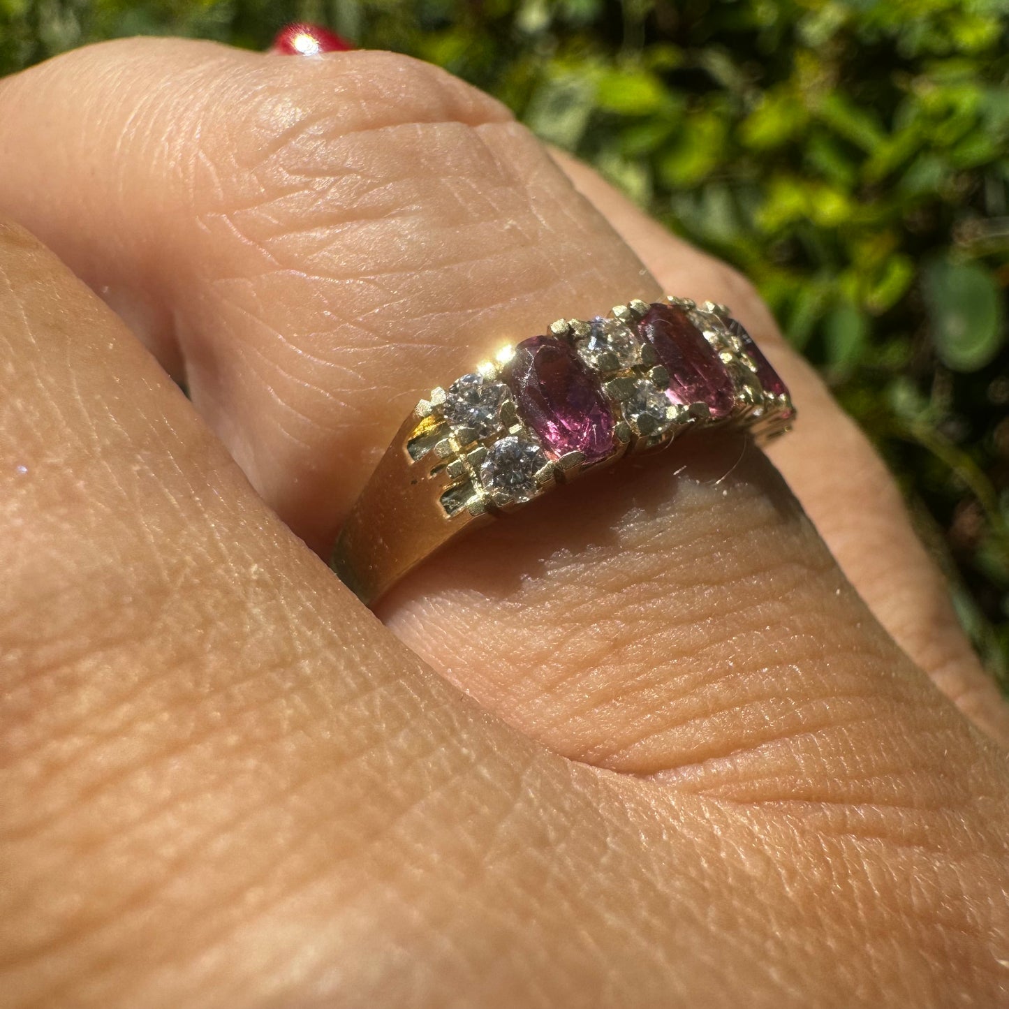 14K gold ring set with oval Pink Tourmalines and round brilliant-cut Diamonds