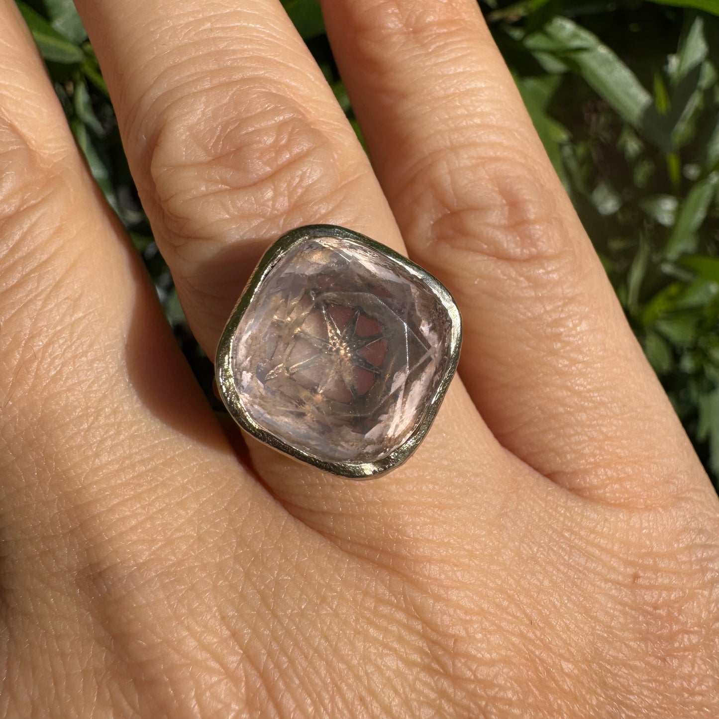 18K gold H.Stern ring set with a translucent Rose Quartz in a flat, cushion-style cut