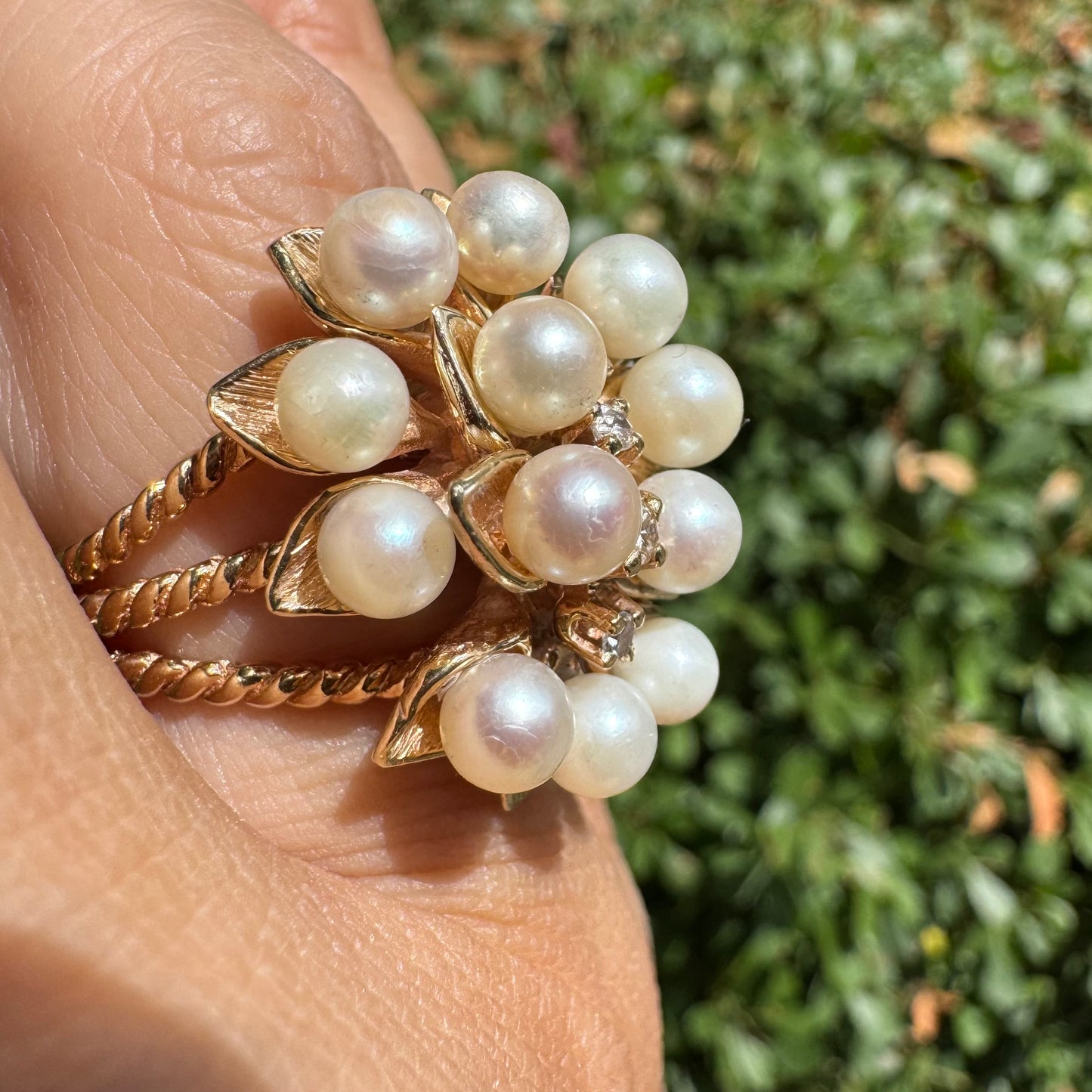 14K gold cocktail ring set with Pearls and Diamonds