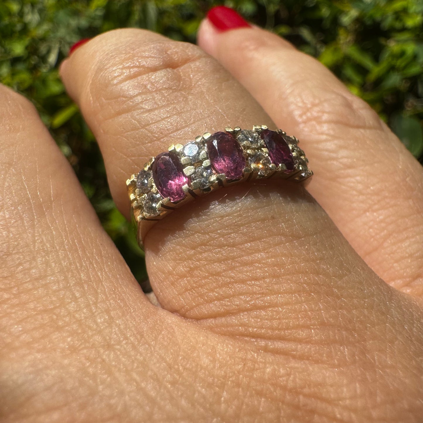 14K gold ring set with oval Pink Tourmalines and round brilliant-cut Diamonds