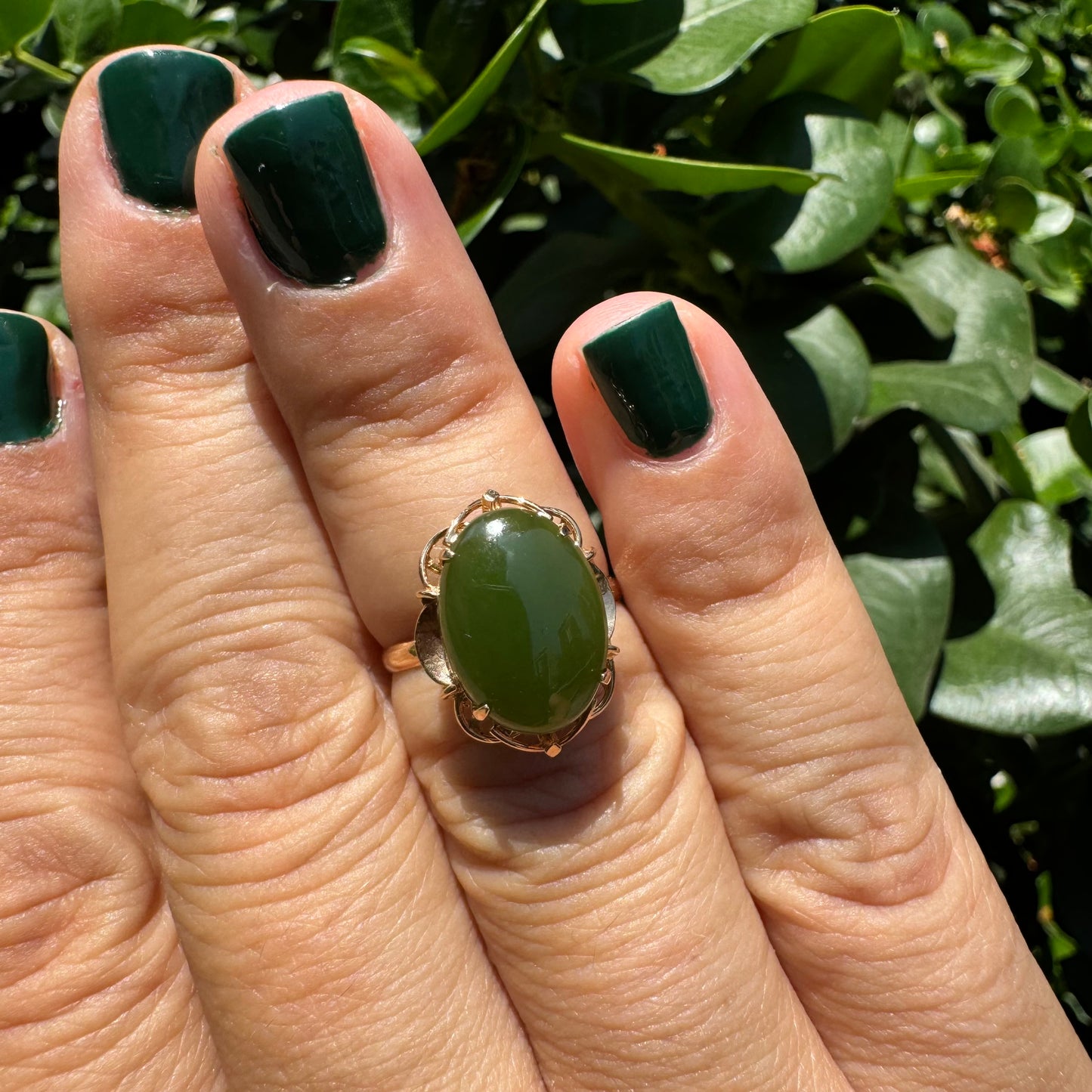 14K gold ring set with green Jade