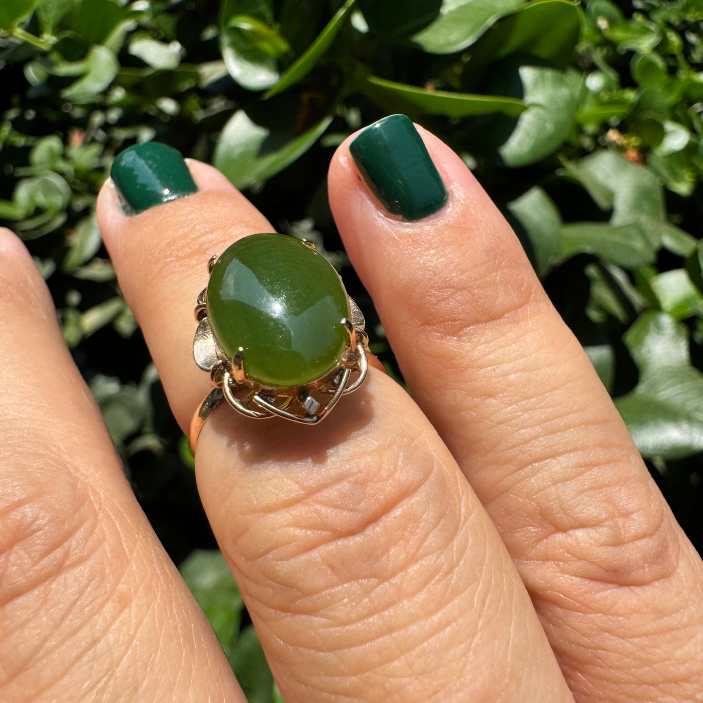 14K gold ring set with green Jade