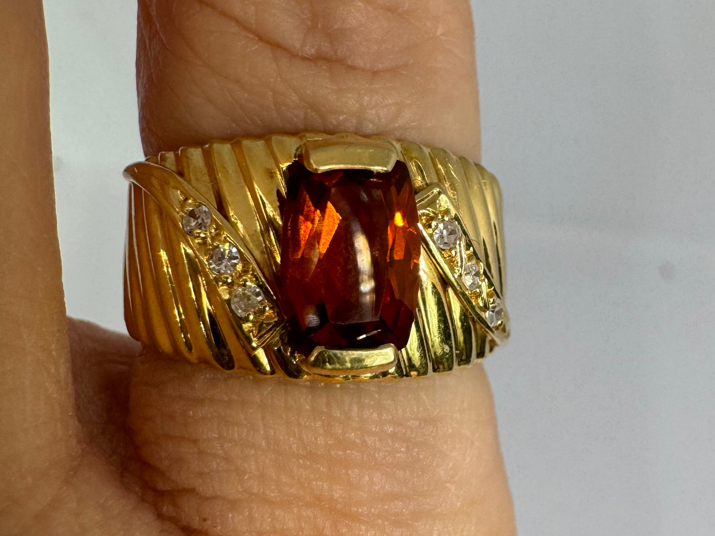 14K gold ring set with Citrine & Diamonds with a textured gold band