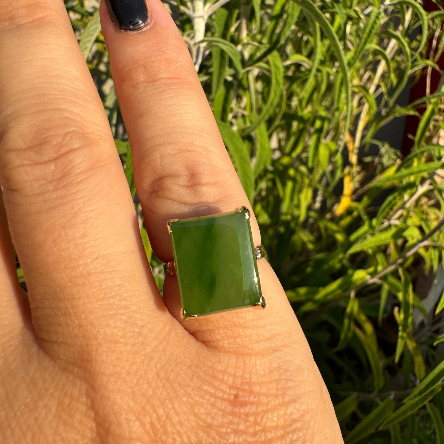 14K gold ring set with square green Jade