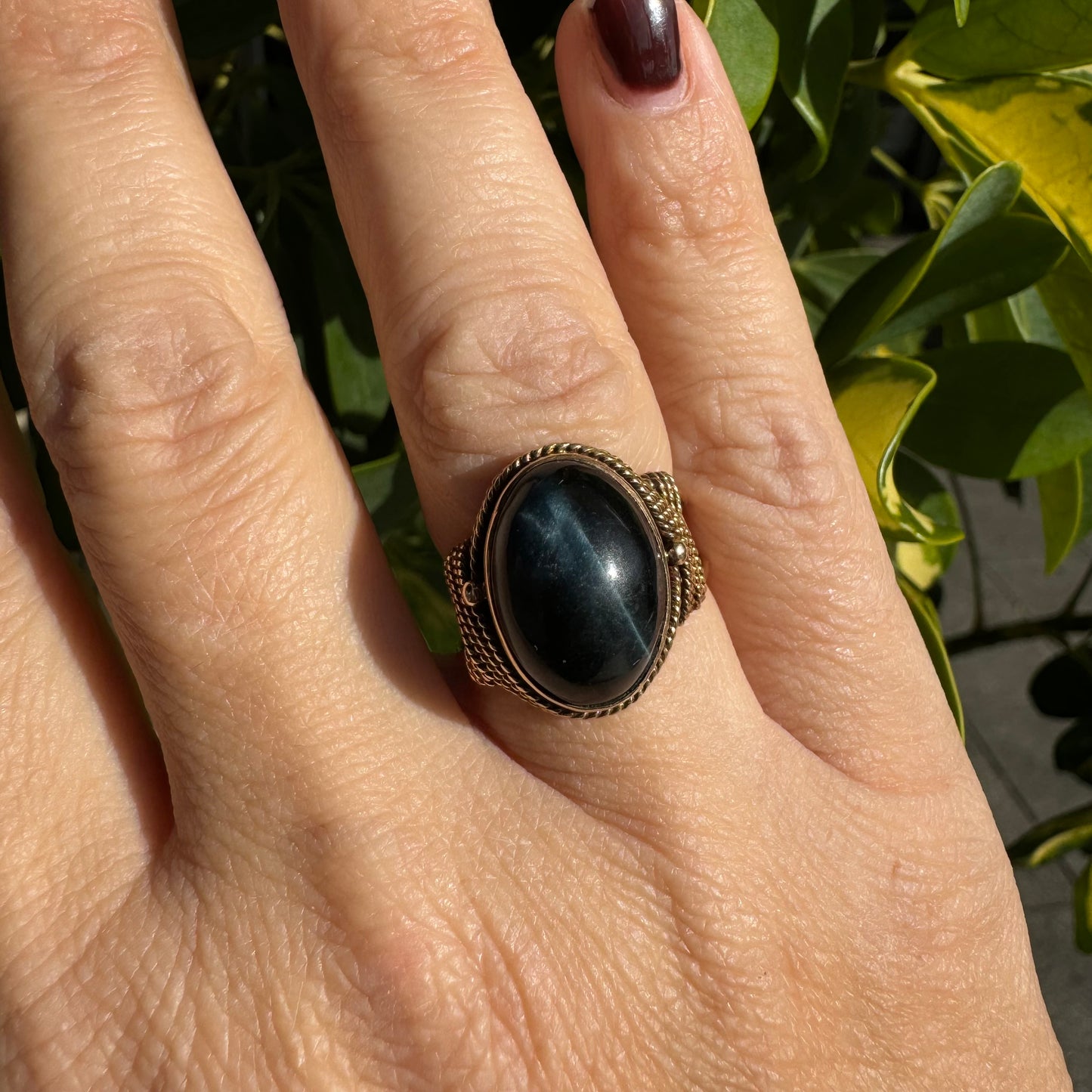 14K gold ring set with Black Jade