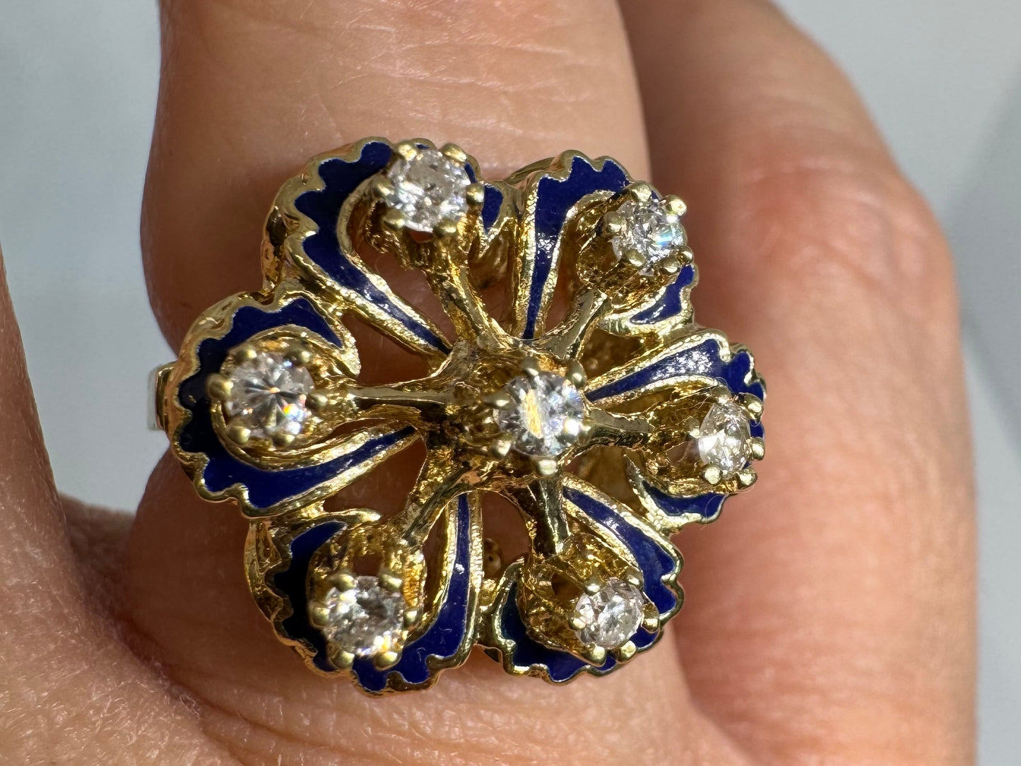 14K gold ring set with Diamonds & Blue Enamel