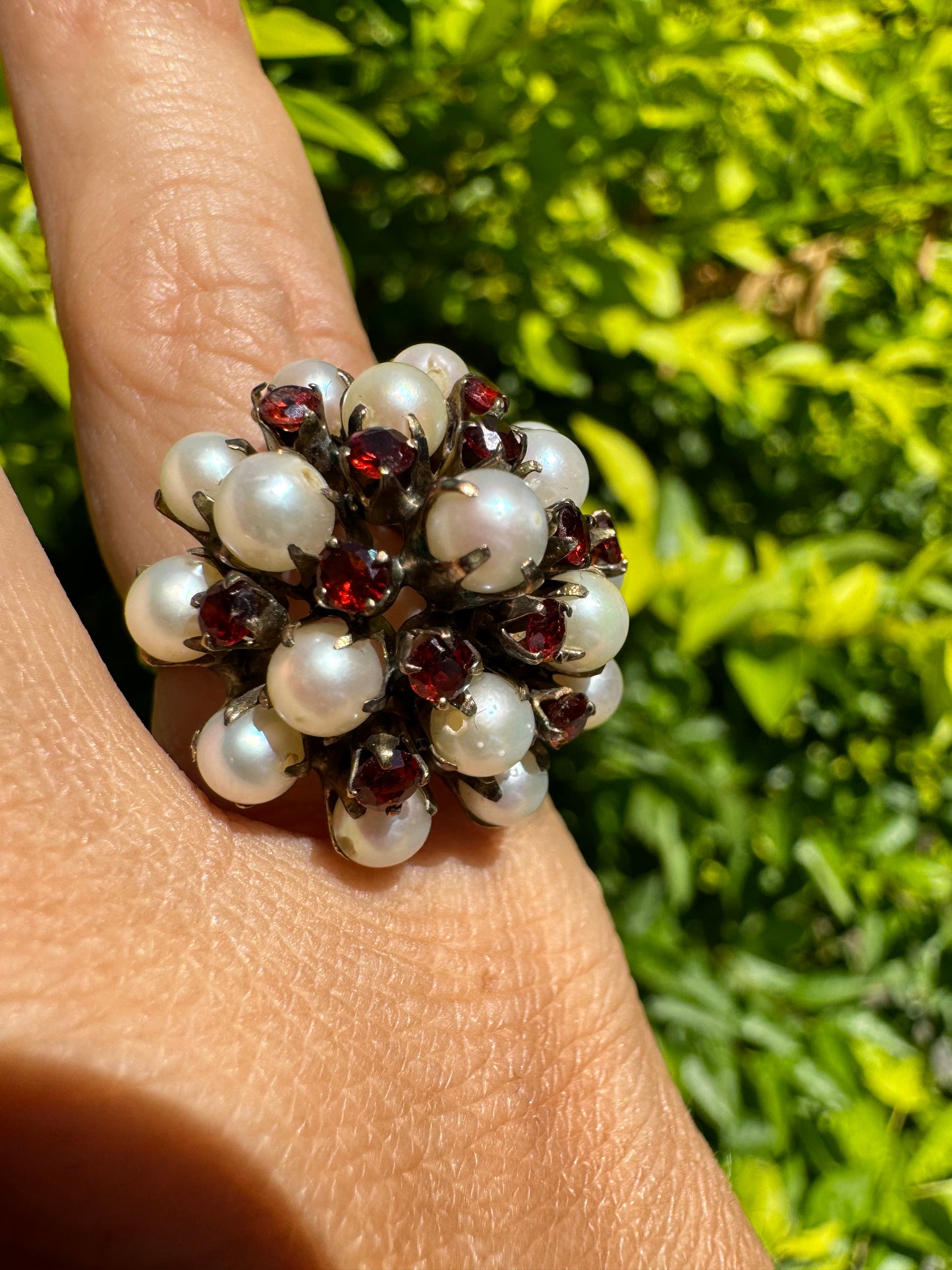 14K gold ring set with Pearls and fiery red Garnets