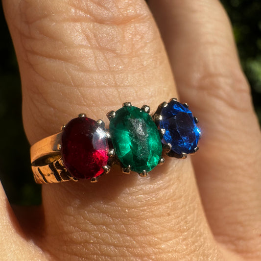 14K gold ring set with Ruby, Emerald & Sapphire