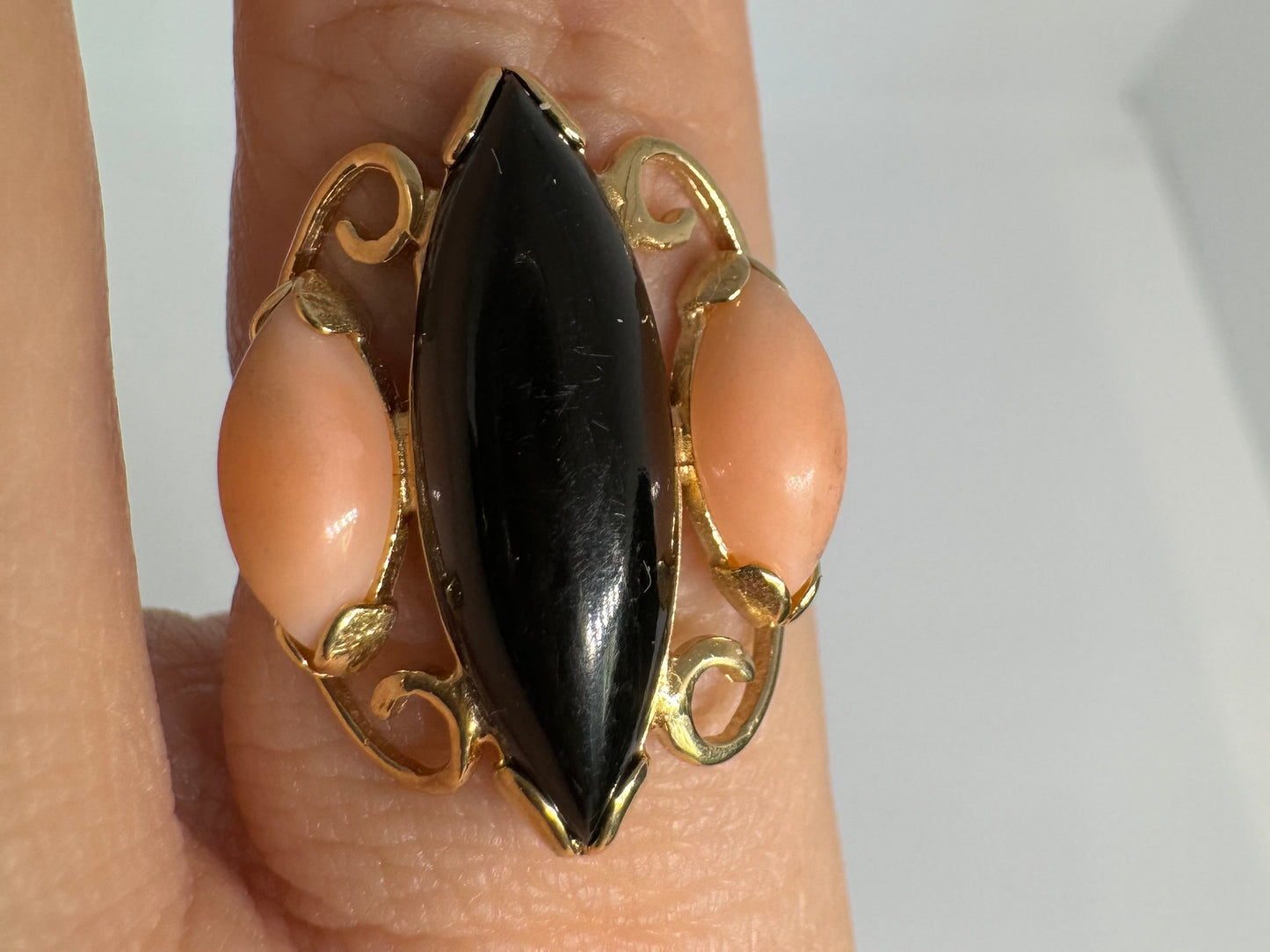 14K gold ring set with Black Onyx & Corals