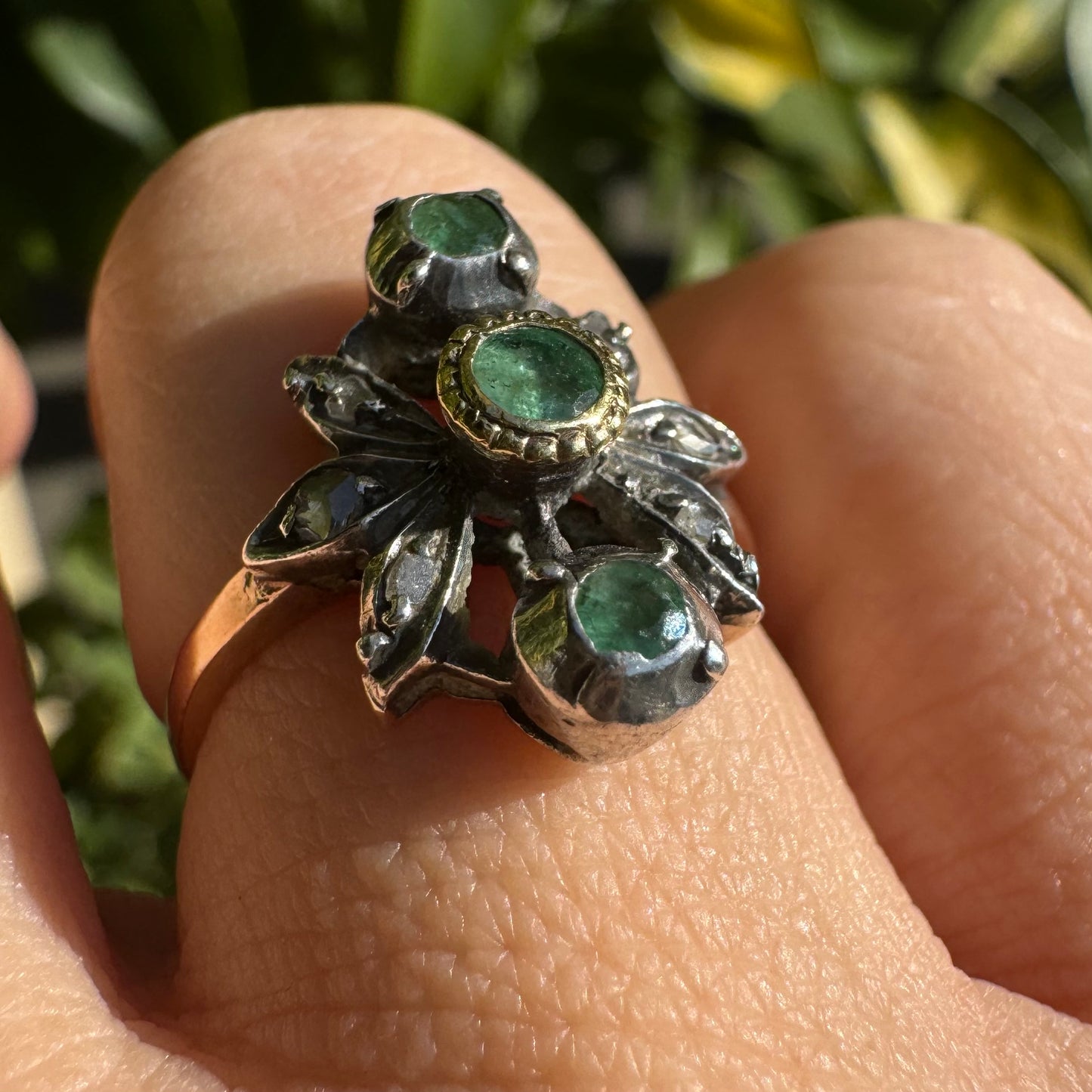 14K gold ring set with Emerald & Diamonds